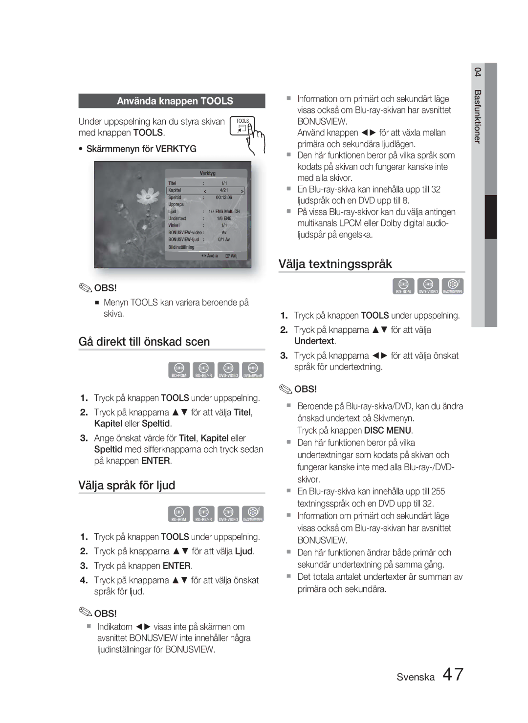 Samsung HT-C5900/XEE manual Gå direkt till önskad scen, Välja språk för ljud, Välja textningsspråk, Använda knappen Tools 