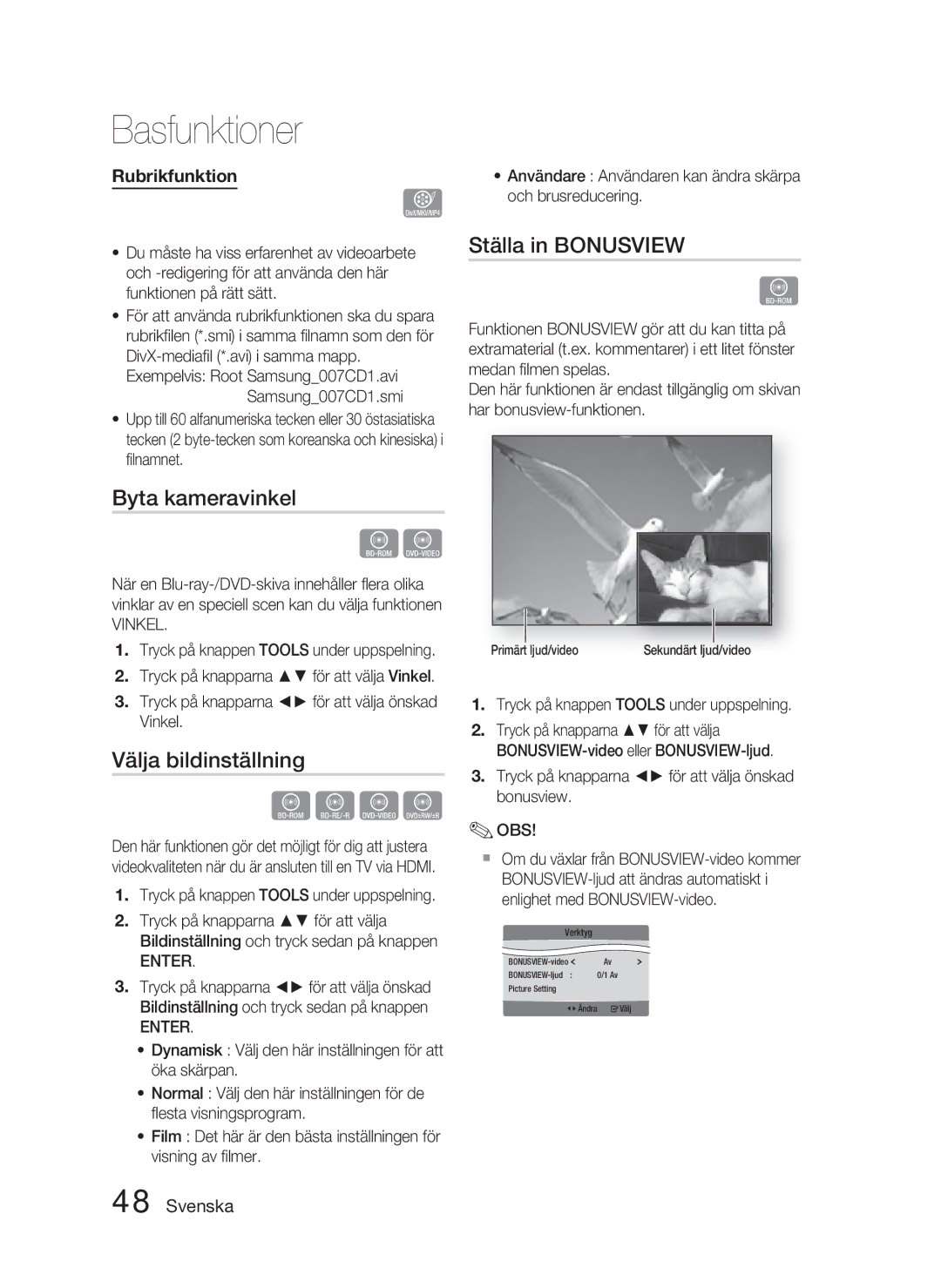 Samsung HT-C5900/XEE manual Byta kameravinkel, Välja bildinställning, Ställa in Bonusview, Vinkel 