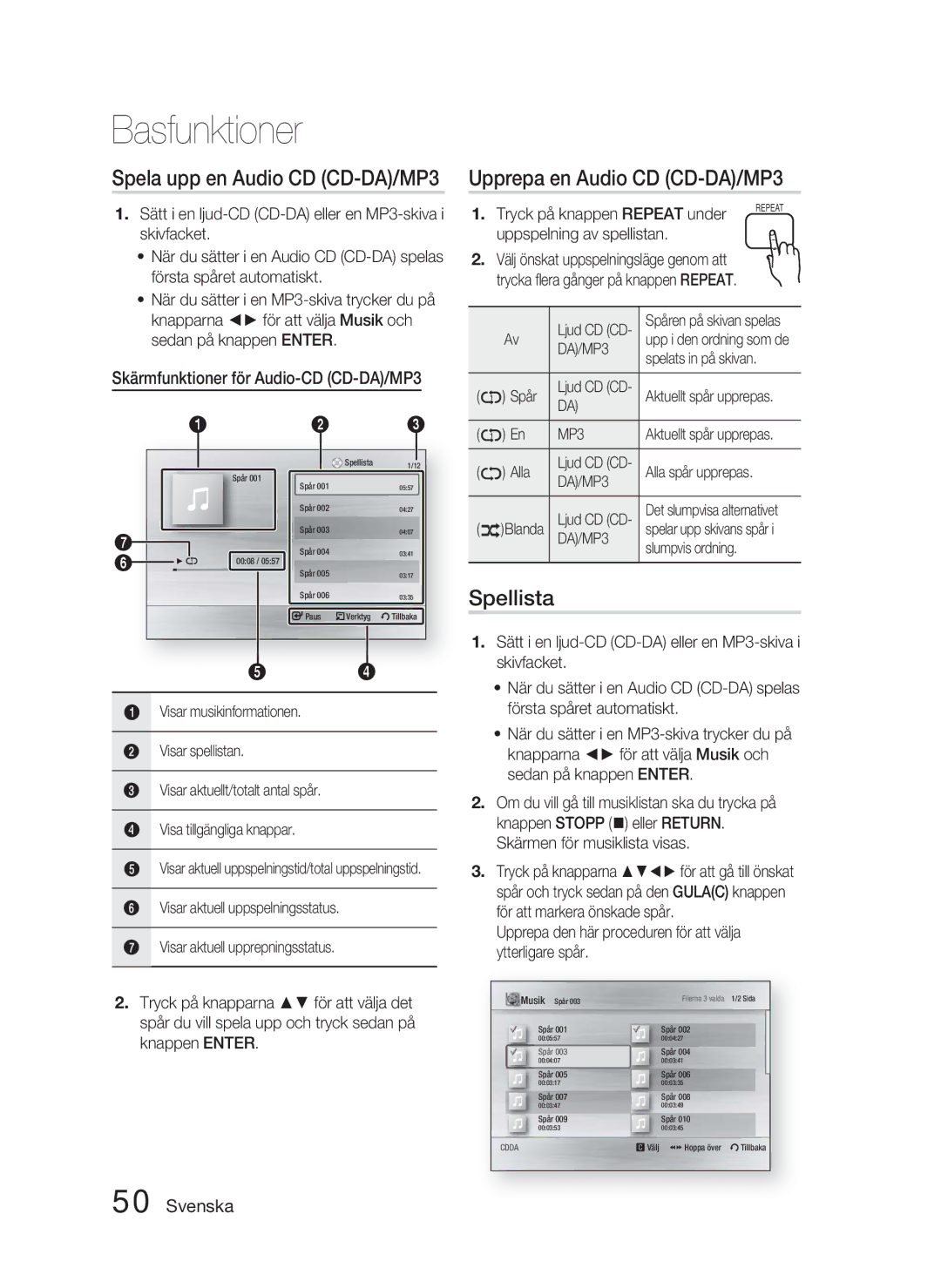 Samsung HT-C5900/XEE manual Upprepa en Audio CD CD-DA/MP3, Spellista, Skärmfunktioner för Audio-CD CD-DA/MP3 