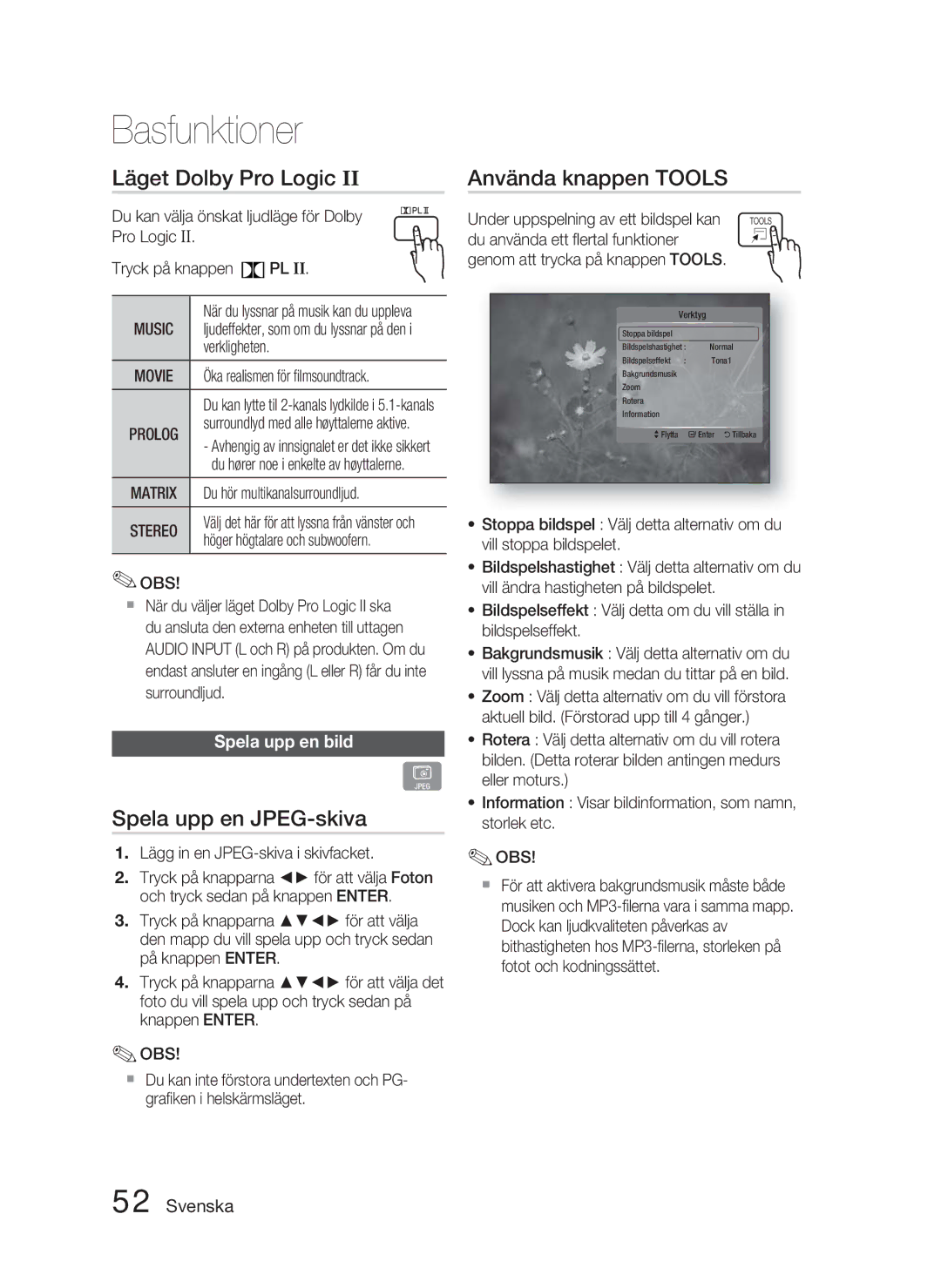 Samsung HT-C5900/XEE manual Läget Dolby Pro Logic, Spela upp en JPEG-skiva, Använda knappen Tools, Spela upp en bild, Music 