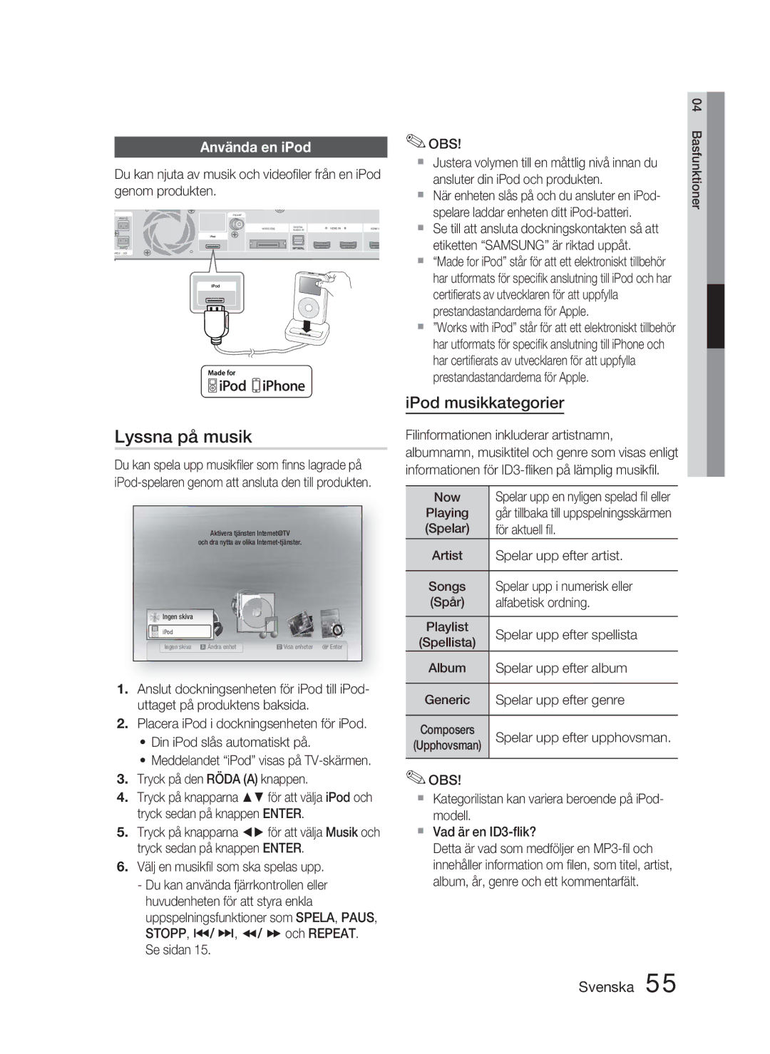 Samsung HT-C5900/XEE manual Lyssna på musik, Använda en iPod 