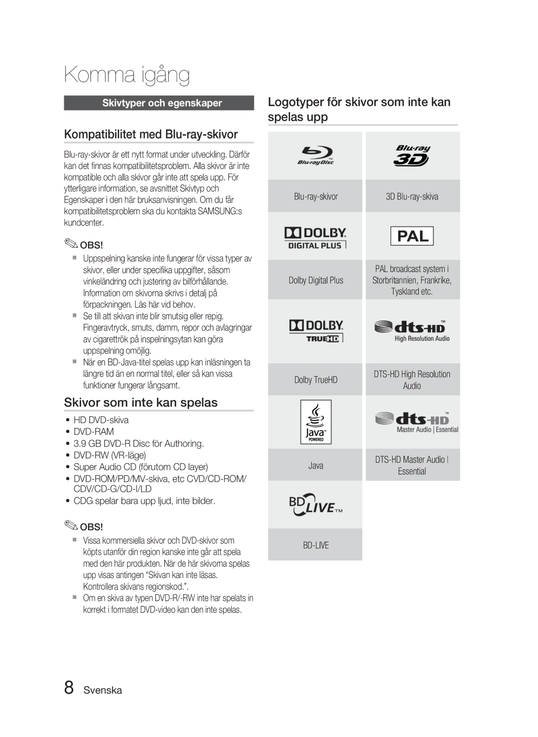 Samsung HT-C5900/XEE manual Kompatibilitet med Blu-ray-skivor, Skivor som inte kan spelas, Skivtyper och egenskaper 