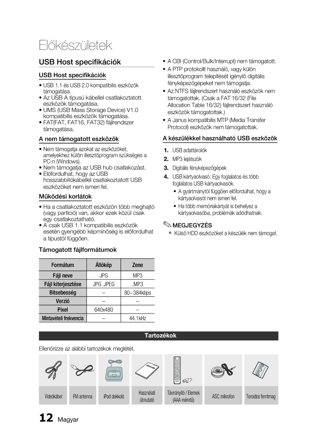 Samsung HT-C5900/XEF, HT-C5900/XEE manual USB Host speciﬁkációk, Tartozékok 