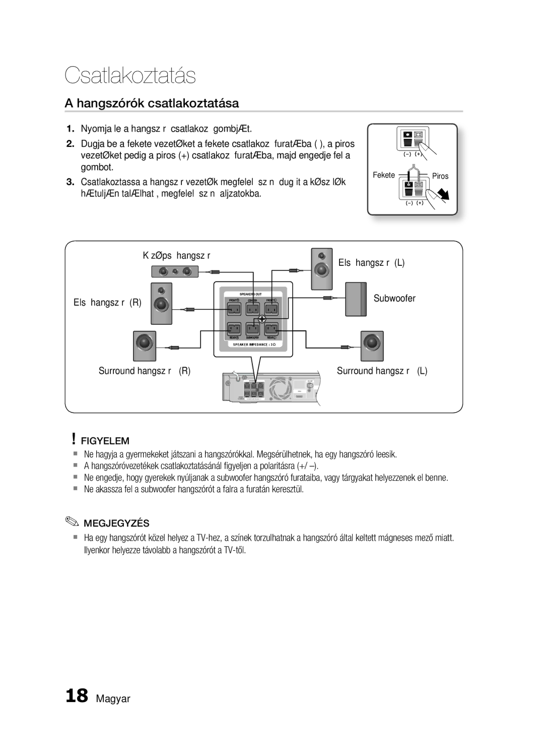 Samsung HT-C5900/XEF, HT-C5900/XEE manual Hangszórók csatlakoztatása, Fekete, Piros 