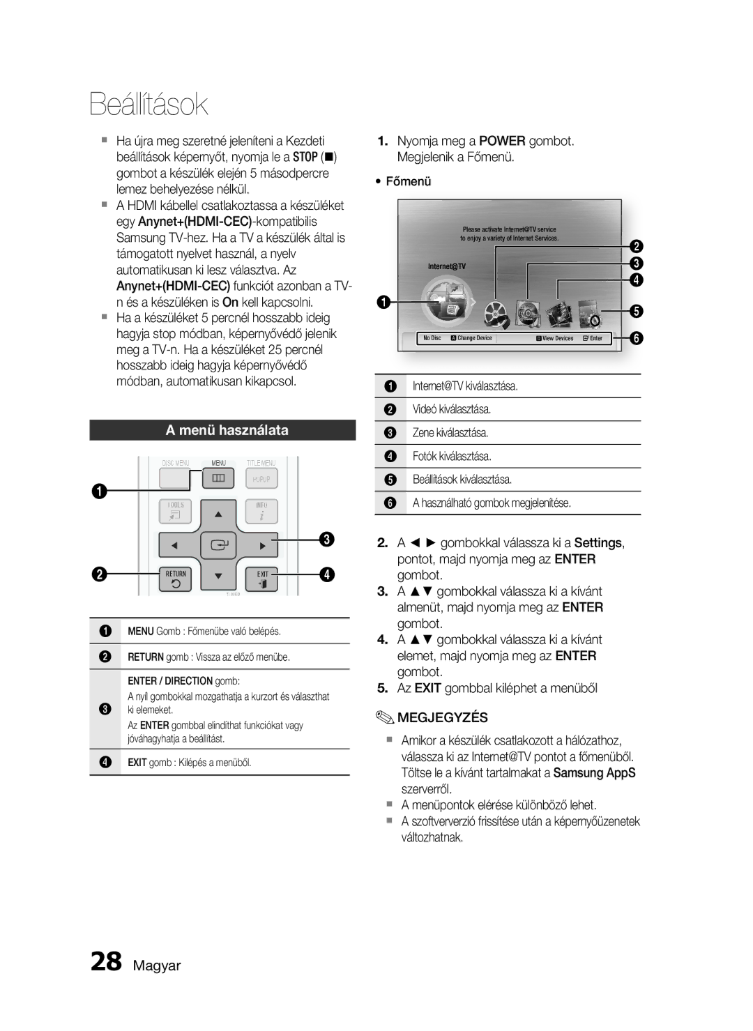 Samsung HT-C5900/XEF, HT-C5900/XEE manual Menü használata, Nyomja meg a Power gombot. Megjelenik a Főmenü, Ki elemeket 