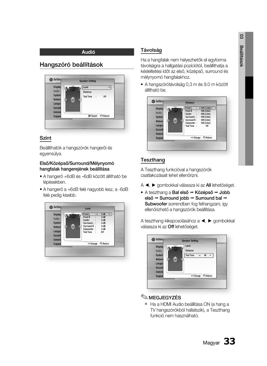 Samsung HT-C5900/XEE, HT-C5900/XEF manual Hangszóró beállítások, Audió, Szint, Távolság, Teszthang 