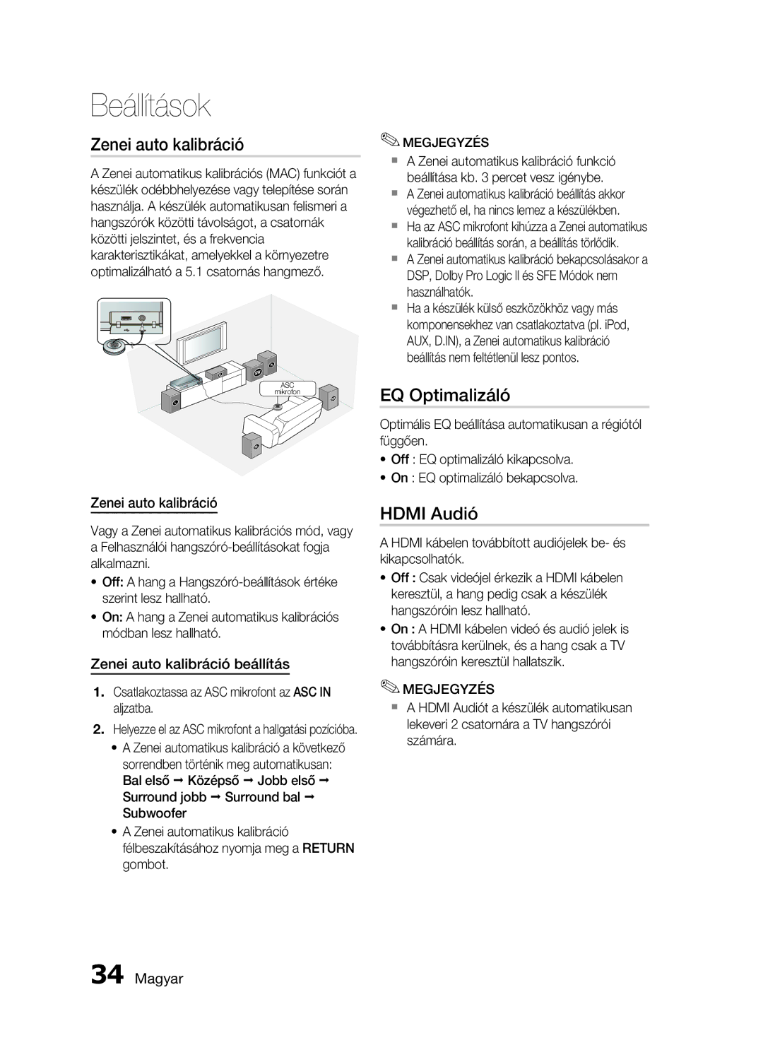 Samsung HT-C5900/XEF, HT-C5900/XEE manual EQ Optimalizáló, Hdmi Audió, Zenei auto kalibráció beállítás 