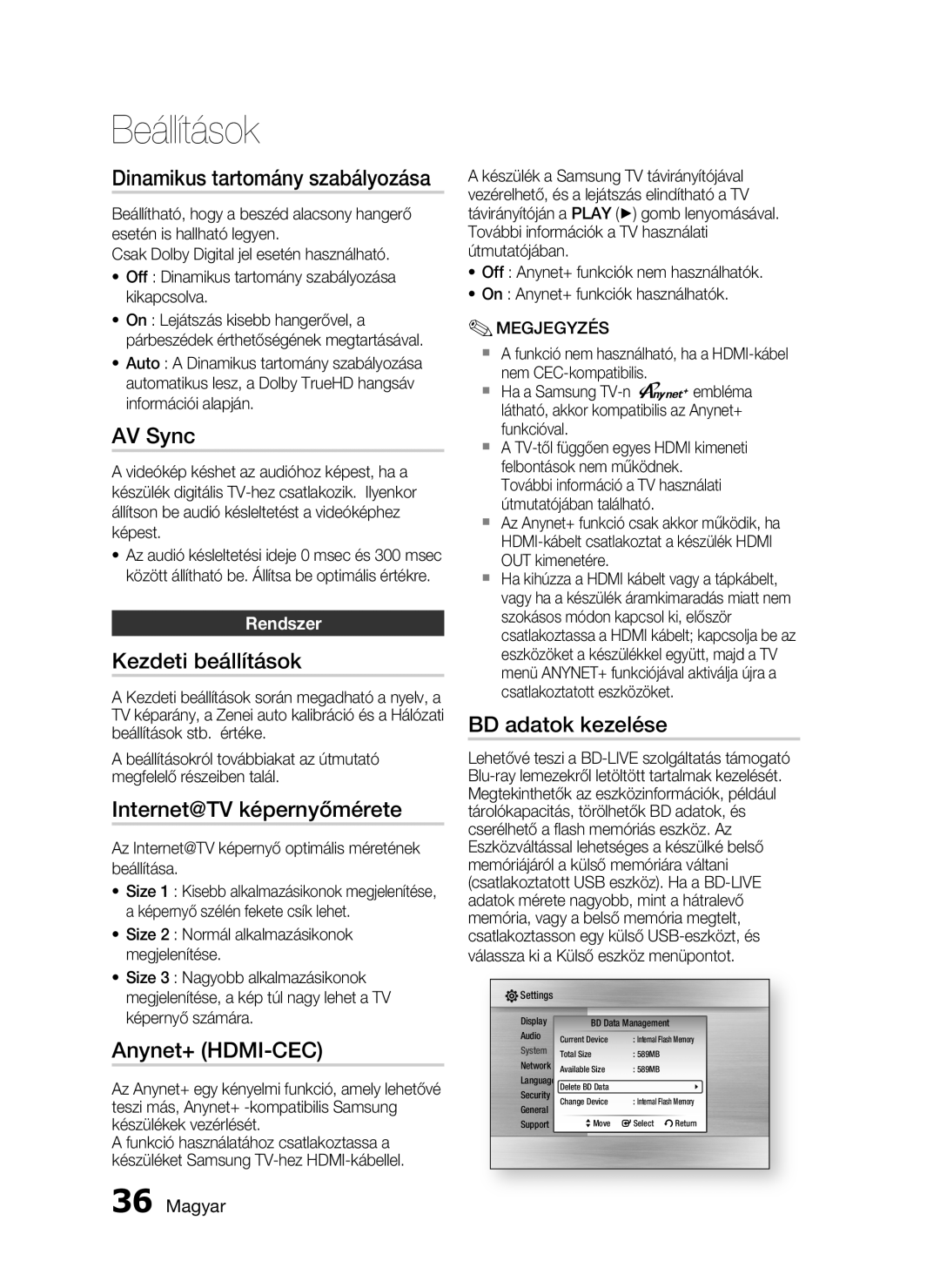 Samsung HT-C5900/XEF manual Dinamikus tartomány szabályozása, AV Sync, Kezdeti beállítások, Internet@TV képernyőmérete 