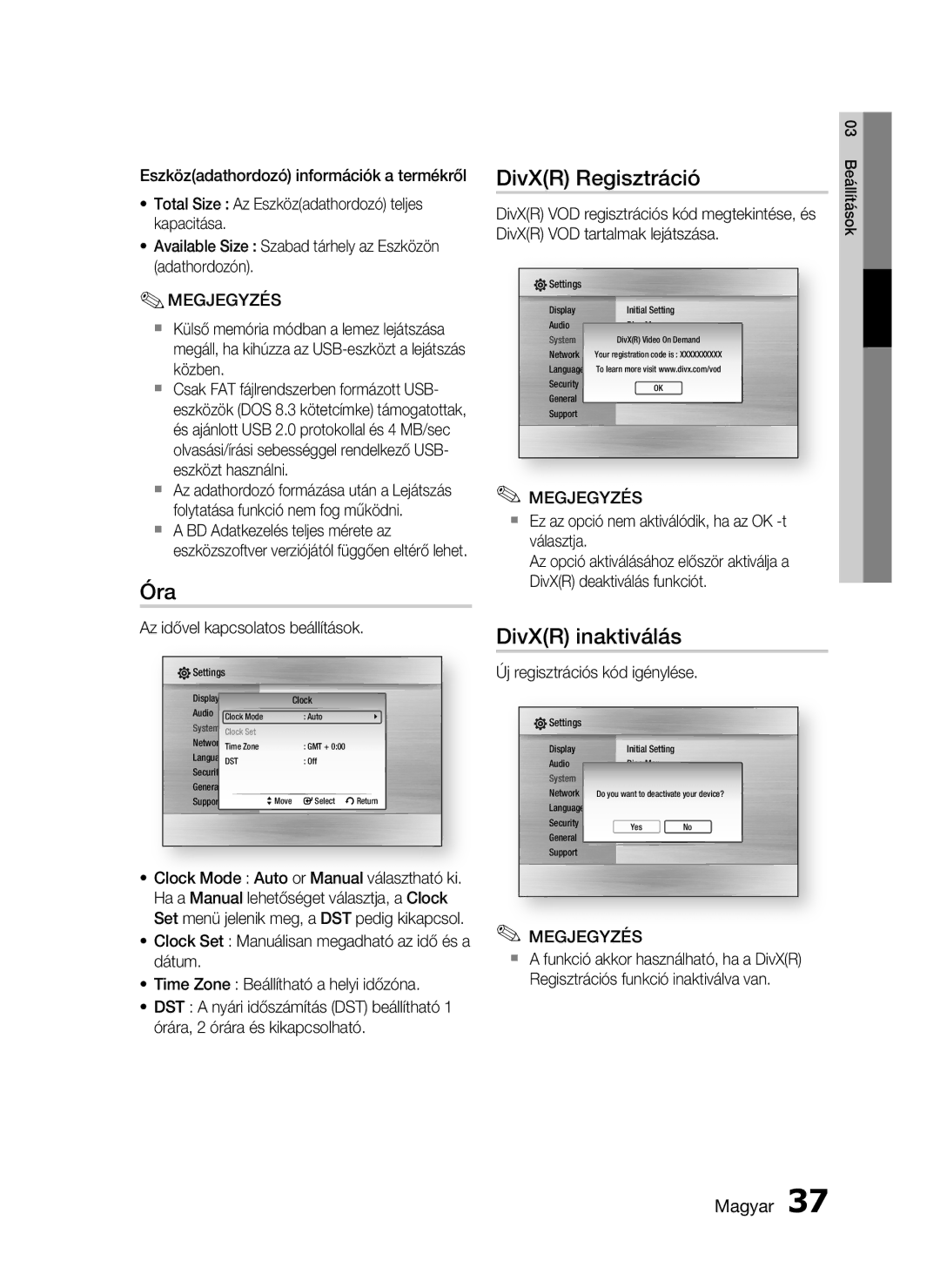 Samsung HT-C5900/XEE, HT-C5900/XEF manual Óra, DivXR Regisztráció, DivXR inaktiválás 