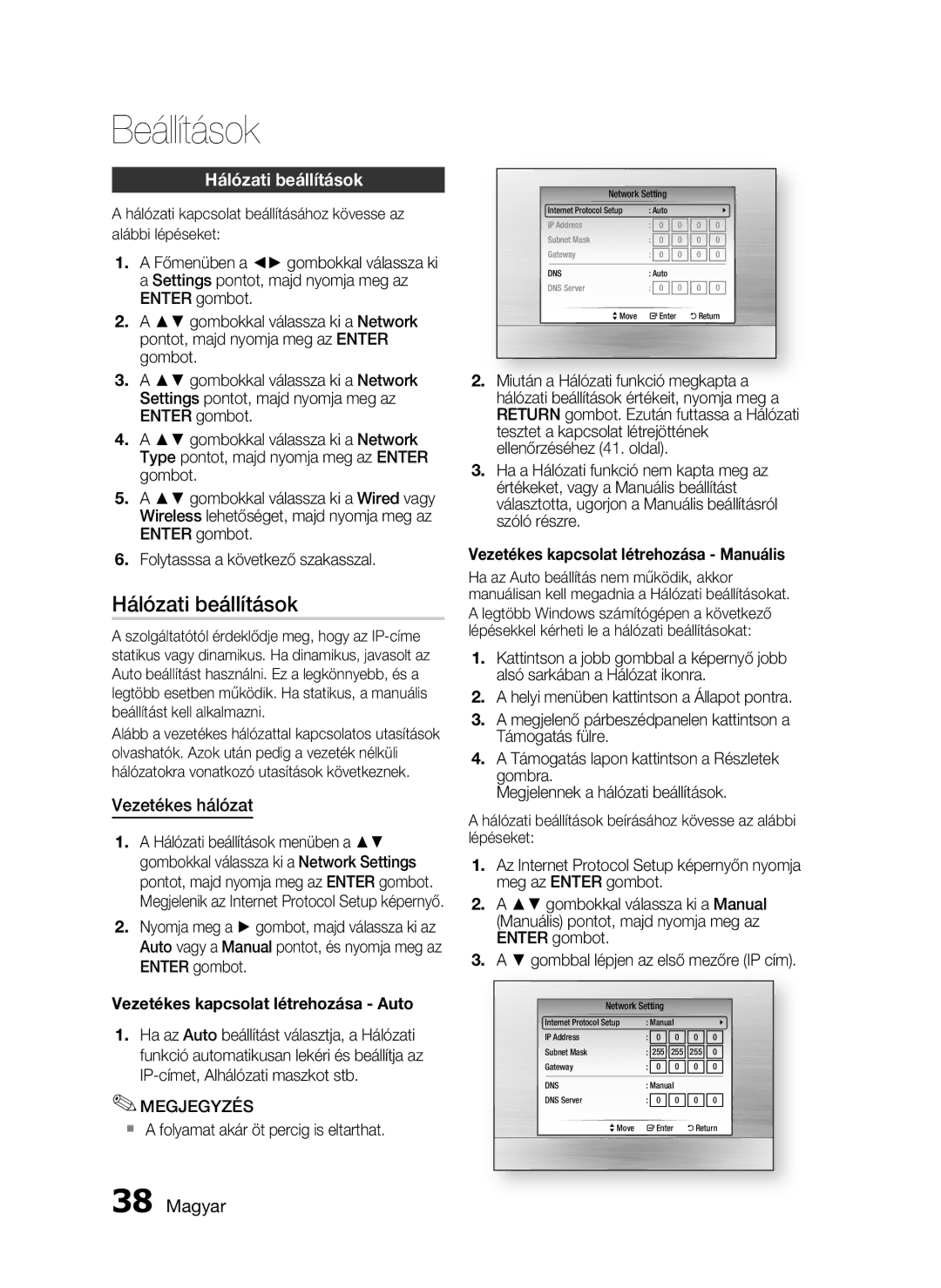 Samsung HT-C5900/XEF, HT-C5900/XEE manual Hálózati beállítások, Vezetékes hálózat,  a folyamat akár öt percig is eltarthat 