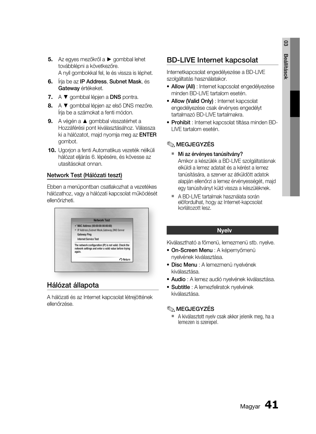 Samsung HT-C5900/XEE, HT-C5900/XEF manual Hálózat állapota, BD-LIVE Internet kapcsolat, Network Test Hálózati teszt, Nyelv 