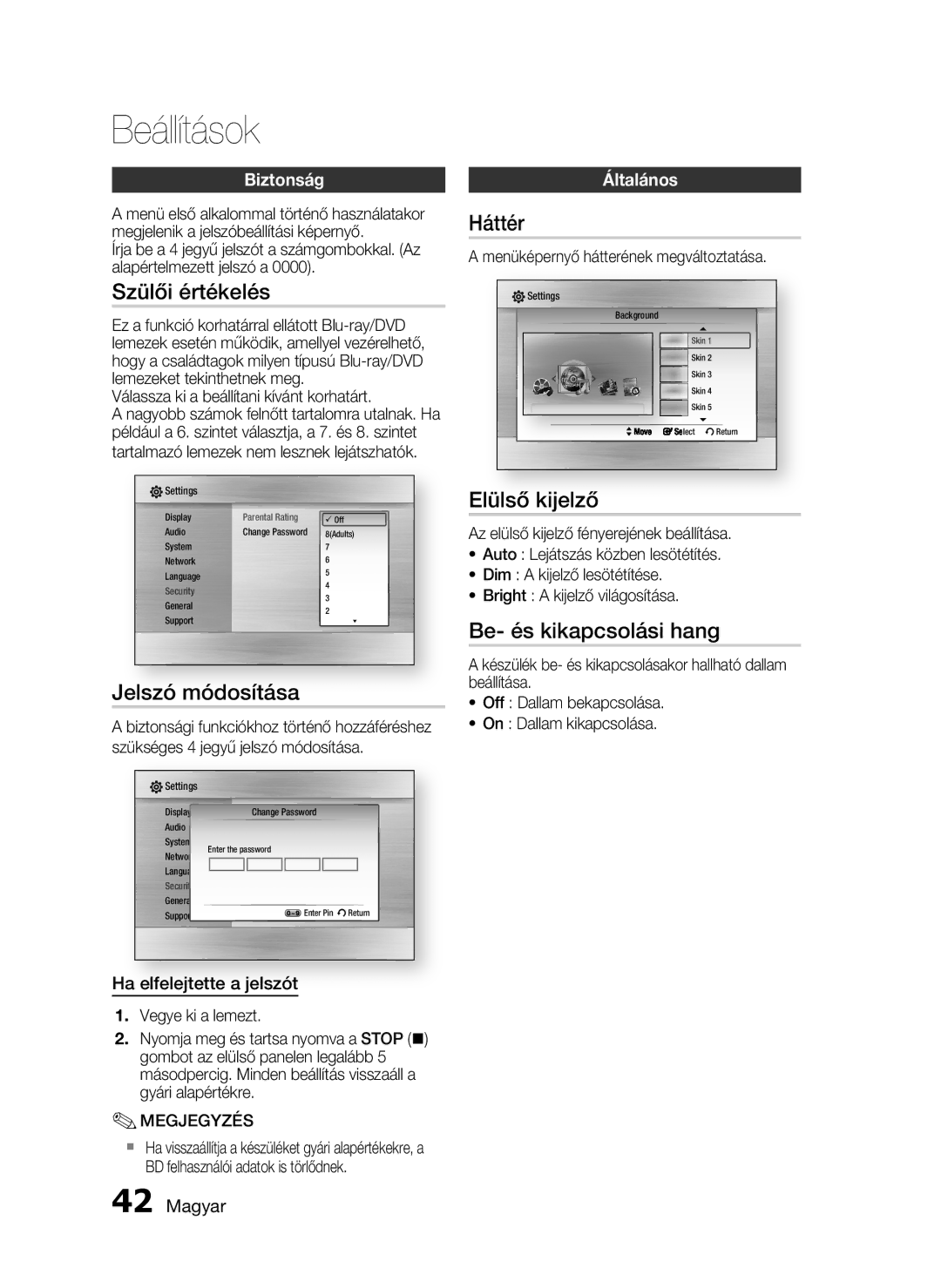 Samsung HT-C5900/XEF, HT-C5900/XEE Szülői értékelés, Jelszó módosítása, Háttér, Elülső kijelző, Be- és kikapcsolási hang 