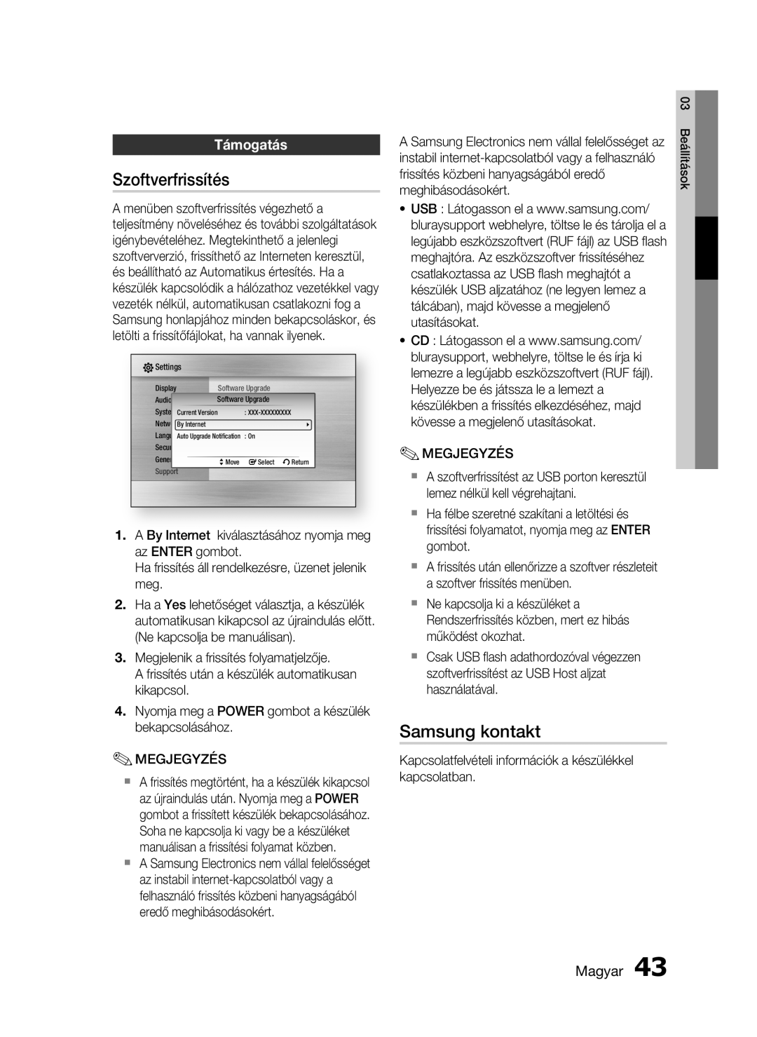 Samsung HT-C5900/XEE, HT-C5900/XEF manual Szoftverfrissítés, Samsung kontakt, Támogatás 