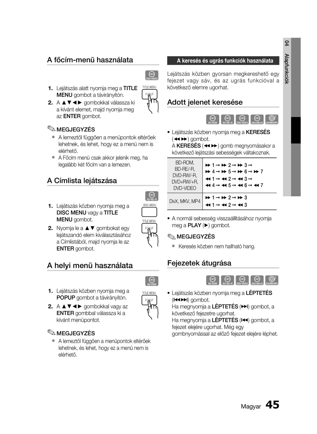 Samsung HT-C5900/XEE, HT-C5900/XEF Főcím-menü használata, Címlista lejátszása, Helyi menü használata, Fejezetek átugrása 