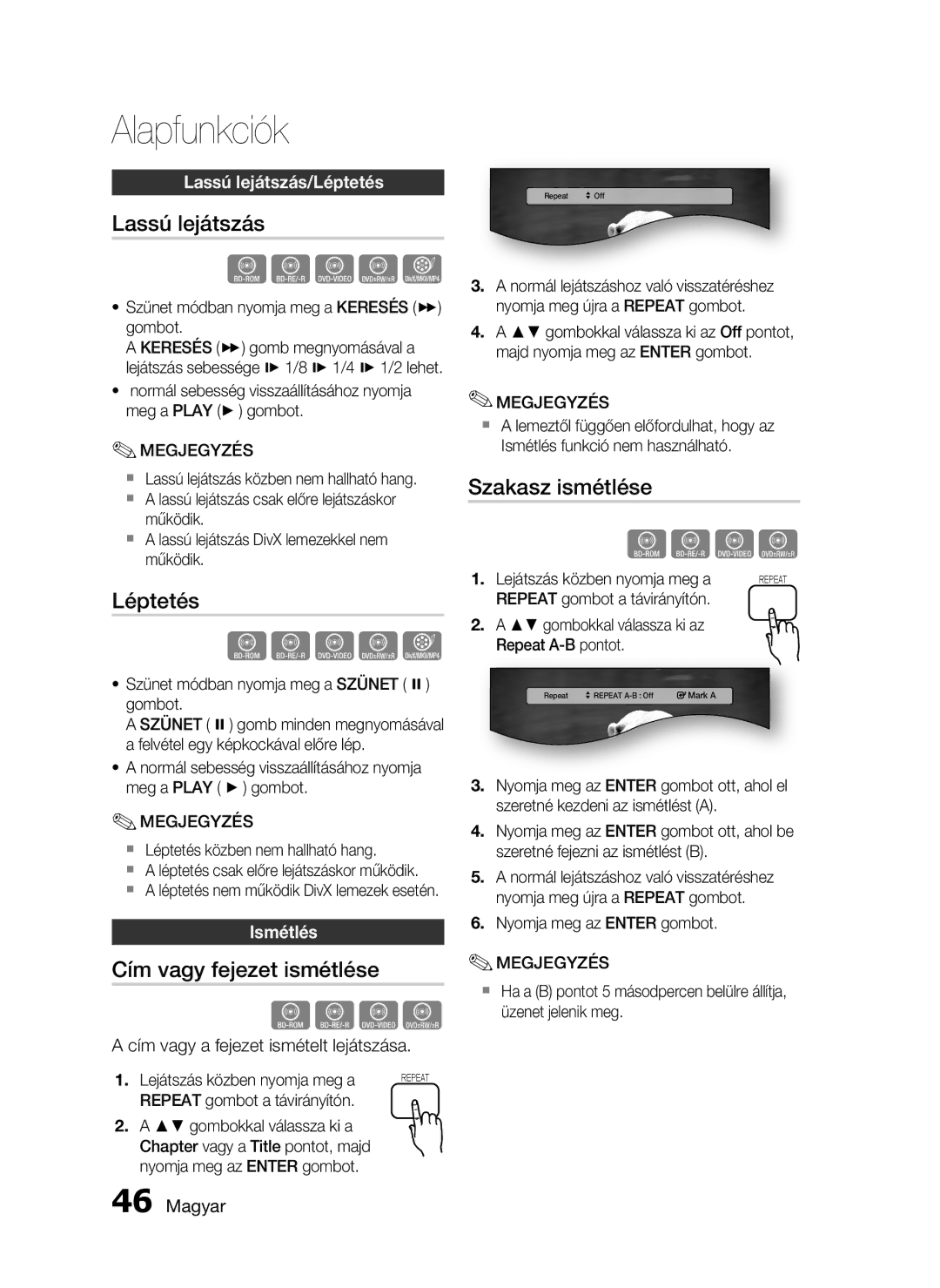 Samsung HT-C5900/XEF, HT-C5900/XEE manual Lassú lejátszás, Léptetés, Cím vagy fejezet ismétlése, Szakasz ismétlése 