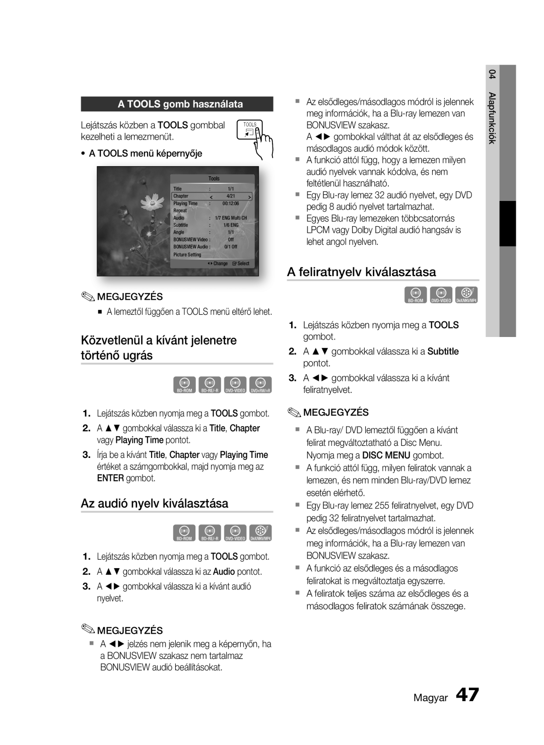 Samsung HT-C5900/XEE Közvetlenül a kívánt jelenetre történő ugrás, Az audió nyelv kiválasztása, Feliratnyelv kiválasztása 