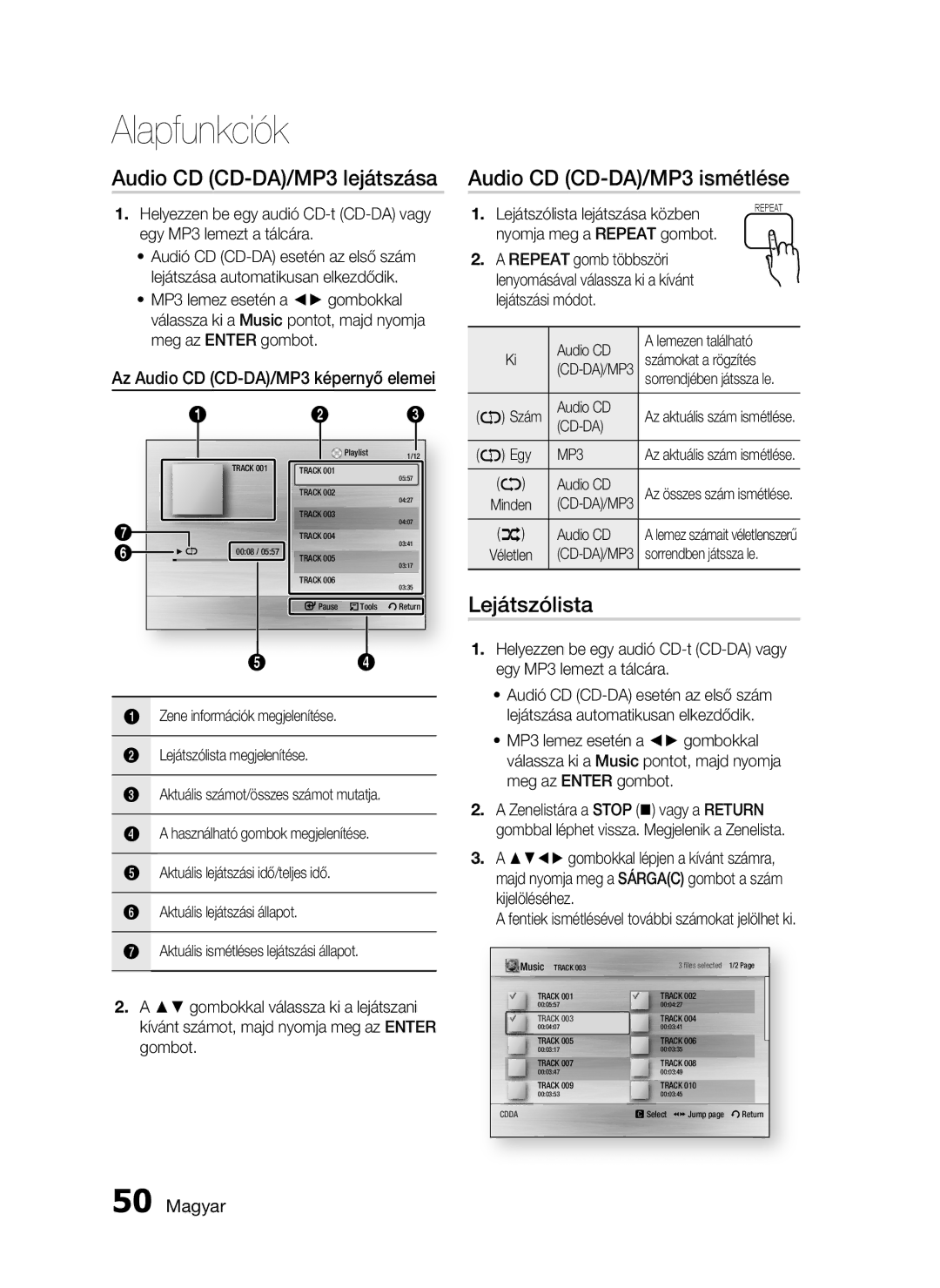 Samsung HT-C5900/XEF, HT-C5900/XEE manual Audio CD CD-DA/MP3 lejátszása, Audio CD CD-DA/MP3 ismétlése, Lejátszólista 