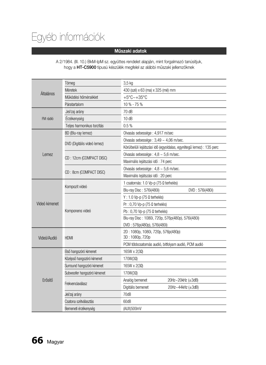 Samsung HT-C5900/XEF, HT-C5900/XEE manual Műszaki adatok 