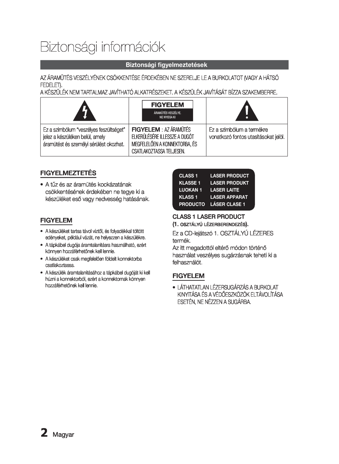 Samsung HT-C5900/XEF Biztonsági információk, Biztonsági ﬁgyelmeztetések, Figyelem, Figyelmeztetés, Magyar, Class, Klasse 