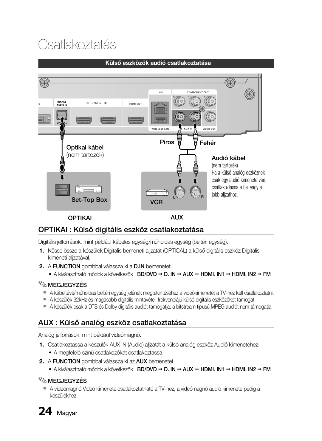Samsung HT-C5900/XEF OPTIKAI Külső digitális eszköz csatlakoztatása, AUX Külső analóg eszköz csatlakoztatása, Piros VCR 