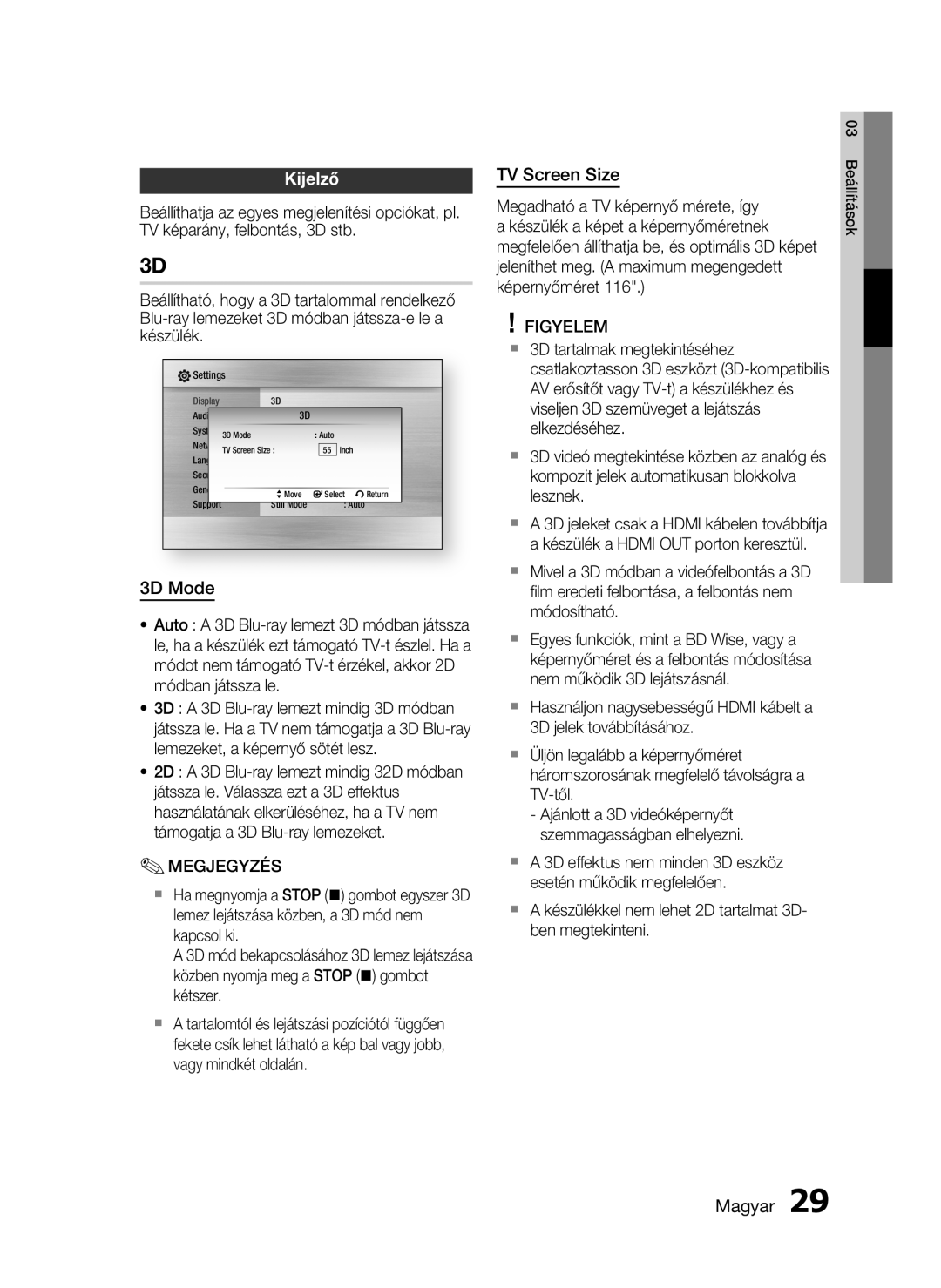 Samsung HT-C5900/XEE, HT-C5900/XEF manual Kijelző, 3D Mode, TV Screen Size, Magyar 