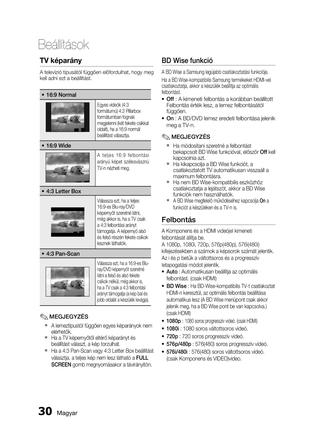 Samsung HT-C5900/XEF, HT-C5900/XEE manual TV képarány, BD Wise funkció, Felbontás, Magyar, Beállítások 