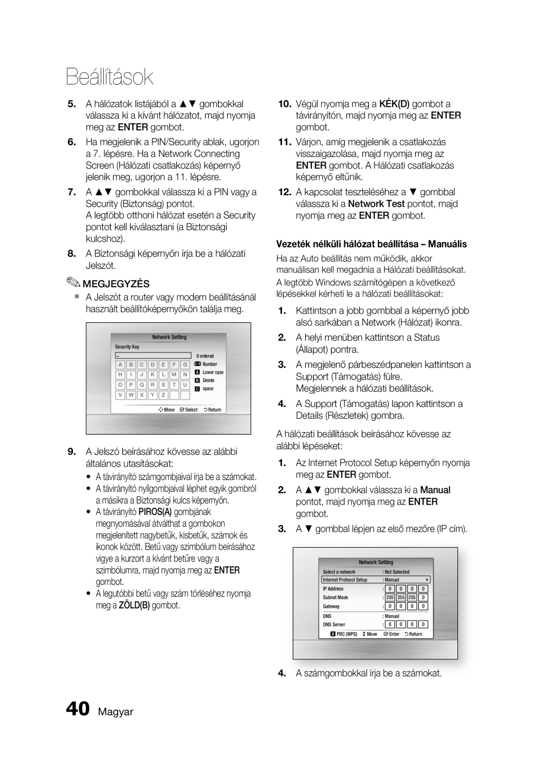 Samsung HT-C5900/XEF, HT-C5900/XEE manual Magyar, Vezeték nélküli hálózat beállítása - Manuális, Beállítások 