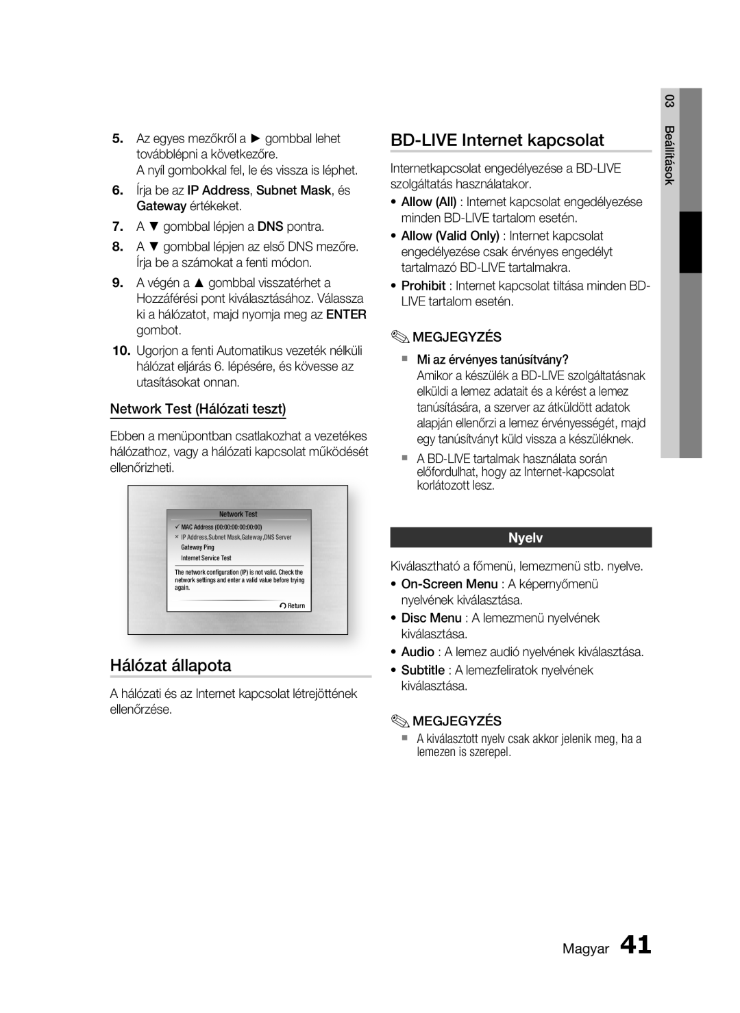 Samsung HT-C5900/XEE manual Hálózat állapota, BD-LIVE Internet kapcsolat, Network Test Hálózati teszt, Nyelv, Magyar 