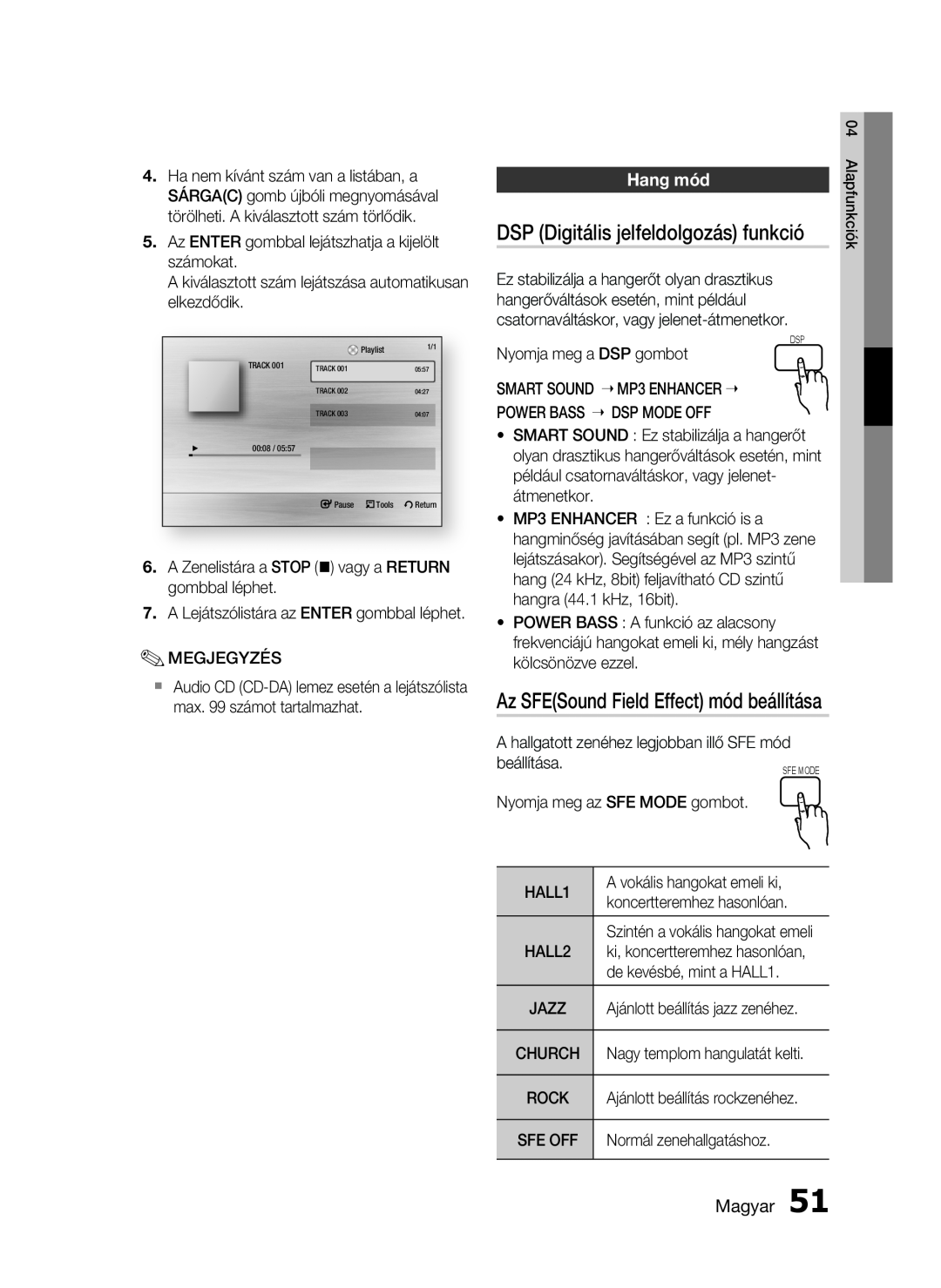 Samsung HT-C5900/XEE manual DSP Digitális jelfeldolgozás funkció, Hang mód, Az SFESound Field Effect mód beállítása, Magyar 