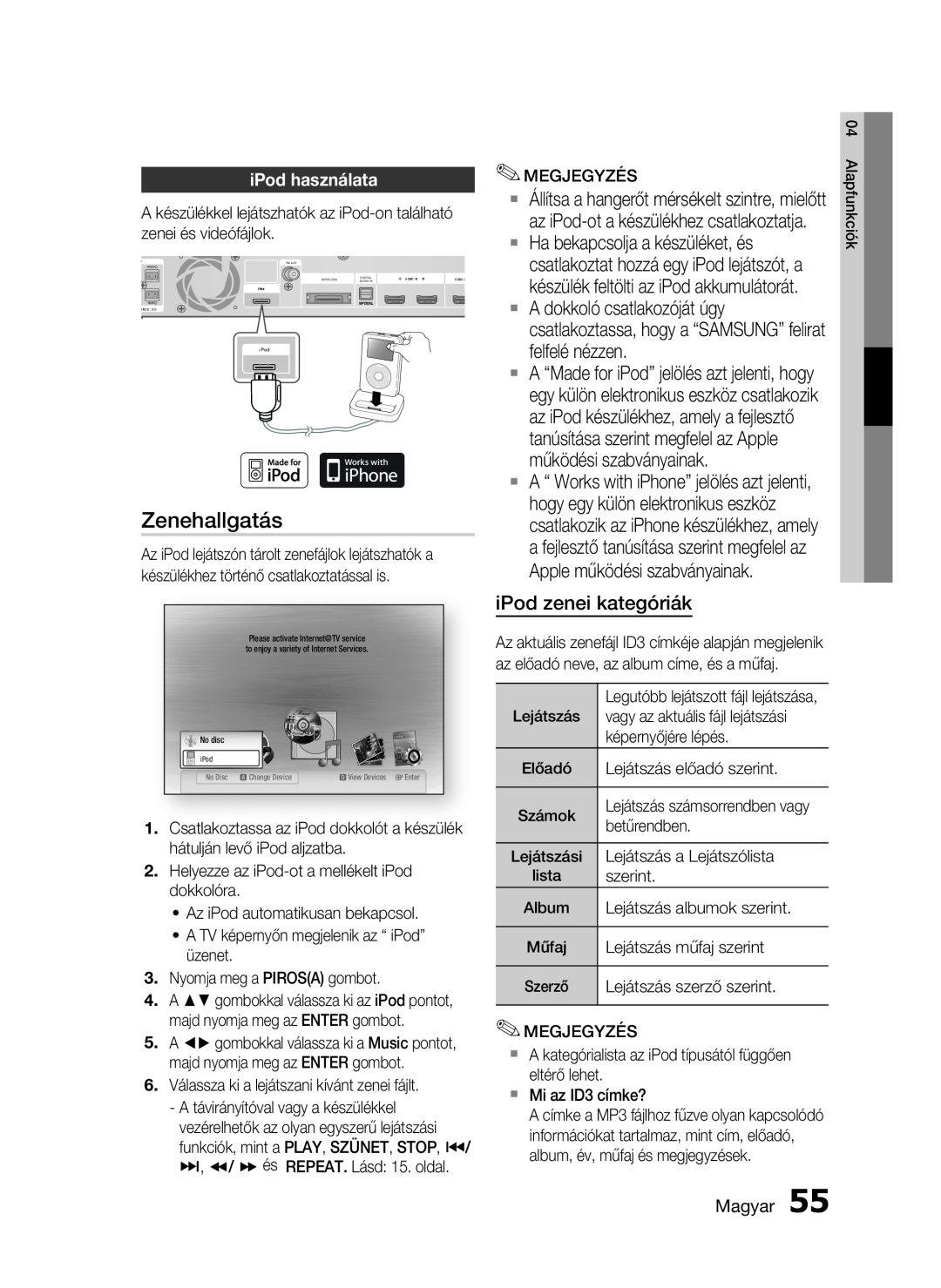 Samsung HT-C5900/XEE, HT-C5900/XEF manual Zenehallgatás, iPod zenei kategóriák, iPod használata, Magyar 
