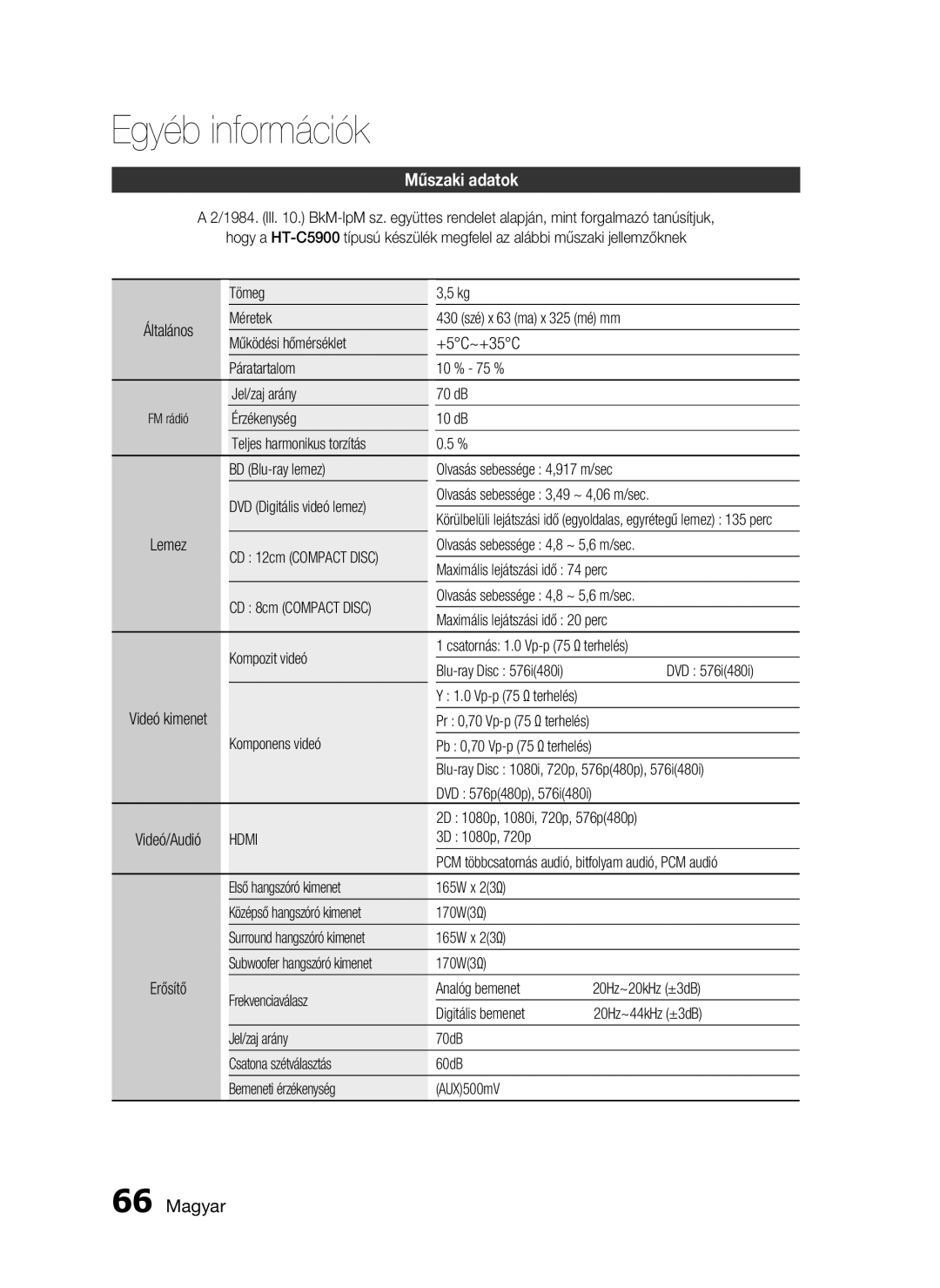 Samsung HT-C5900/XEF, HT-C5900/XEE manual Műszaki adatok, Magyar, Egyéb információk 