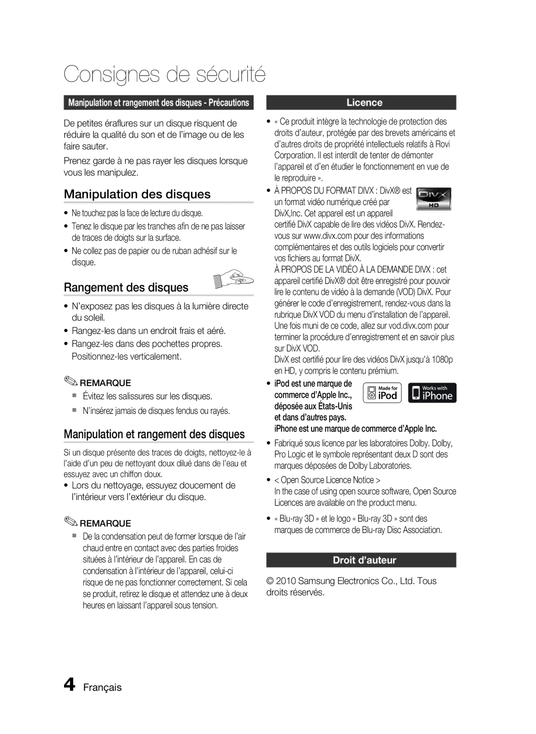 Samsung HT-C5900/XEF manual Manipulation des disques, Rangement des disques, Manipulation et rangement des disques, Licence 