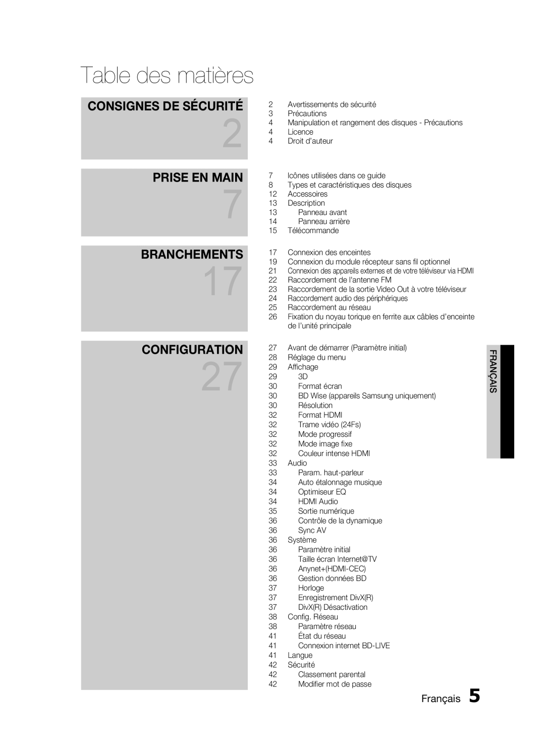 Samsung HT-C5900/XEF manual Table des matières, Consignes DE Sécurité Prise EN Main Branchements 