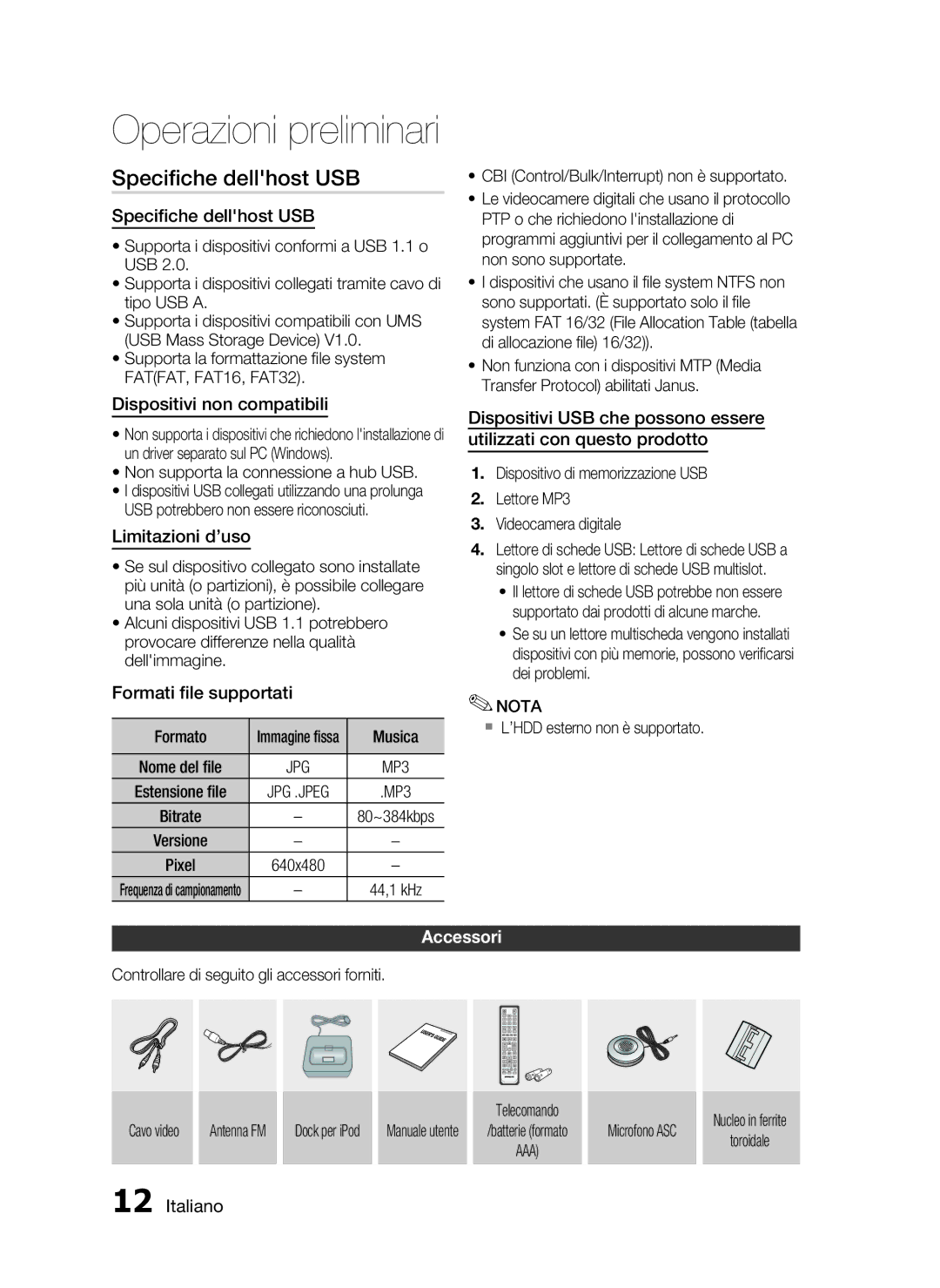 Samsung HT-C5900/XEF manual Speciﬁche dellhost USB, Accessori 