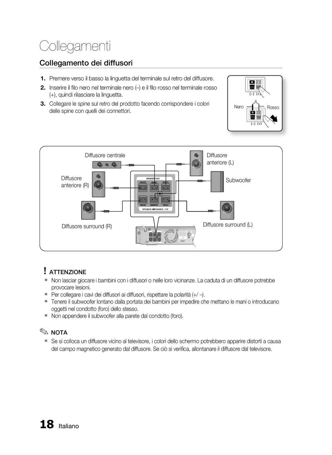 Samsung HT-C5900/XEF manual Collegamento dei diffusori, Delle spine con quelli dei connettori, Diffusore centrale 