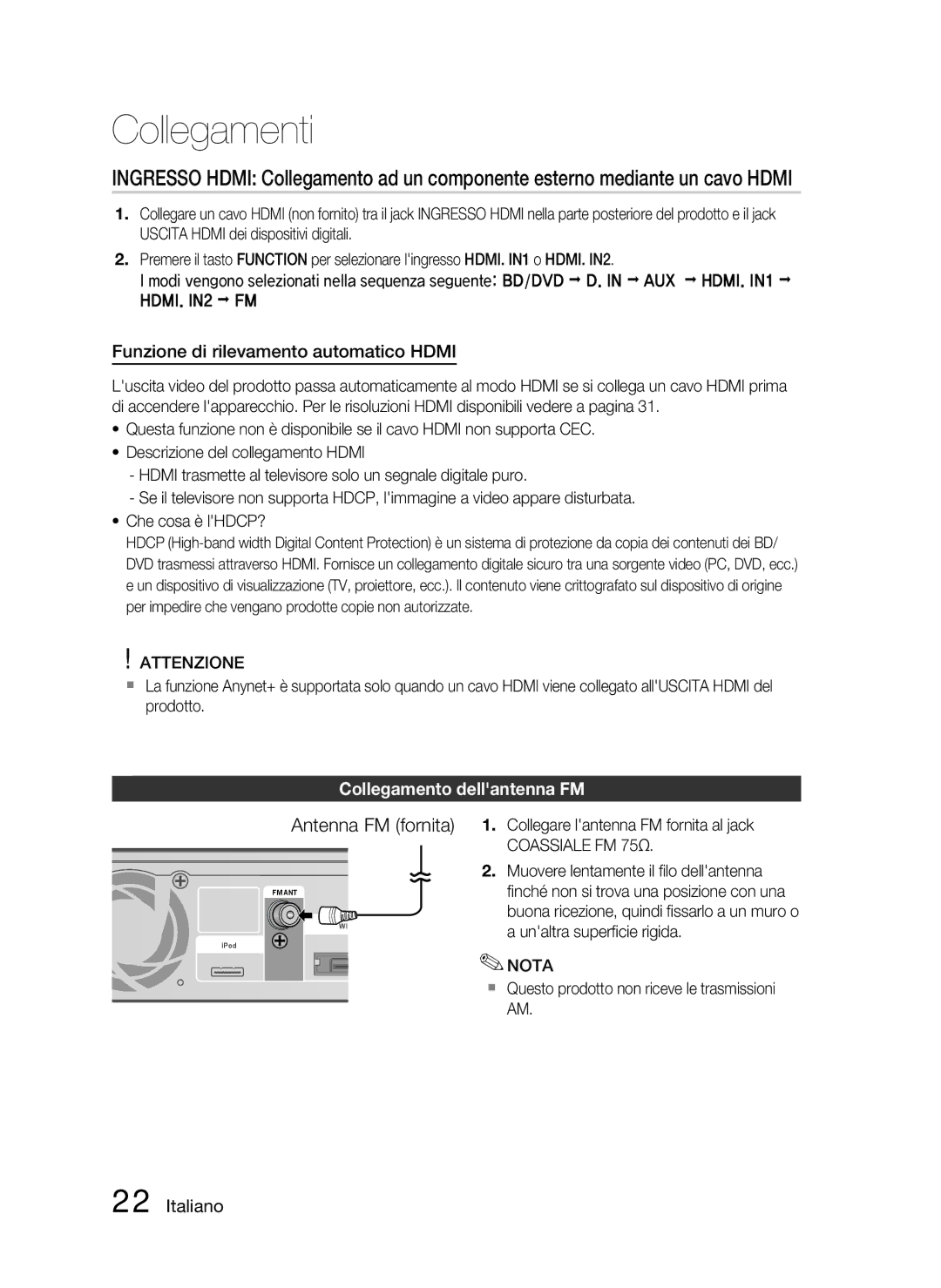 Samsung HT-C5900/XEF manual Funzione di rilevamento automatico Hdmi, Collegamento dellantenna FM, Coassiale FM 