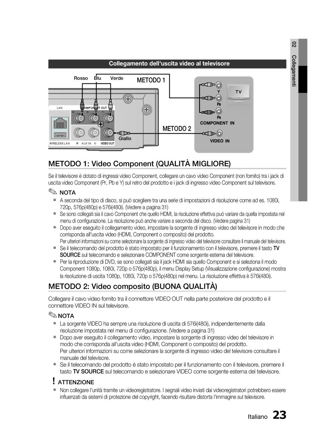 Samsung HT-C5900/XEF manual Metodo 1 Video Component Qualità Migliore, Metodo 2 Video composito Buona Qualità 