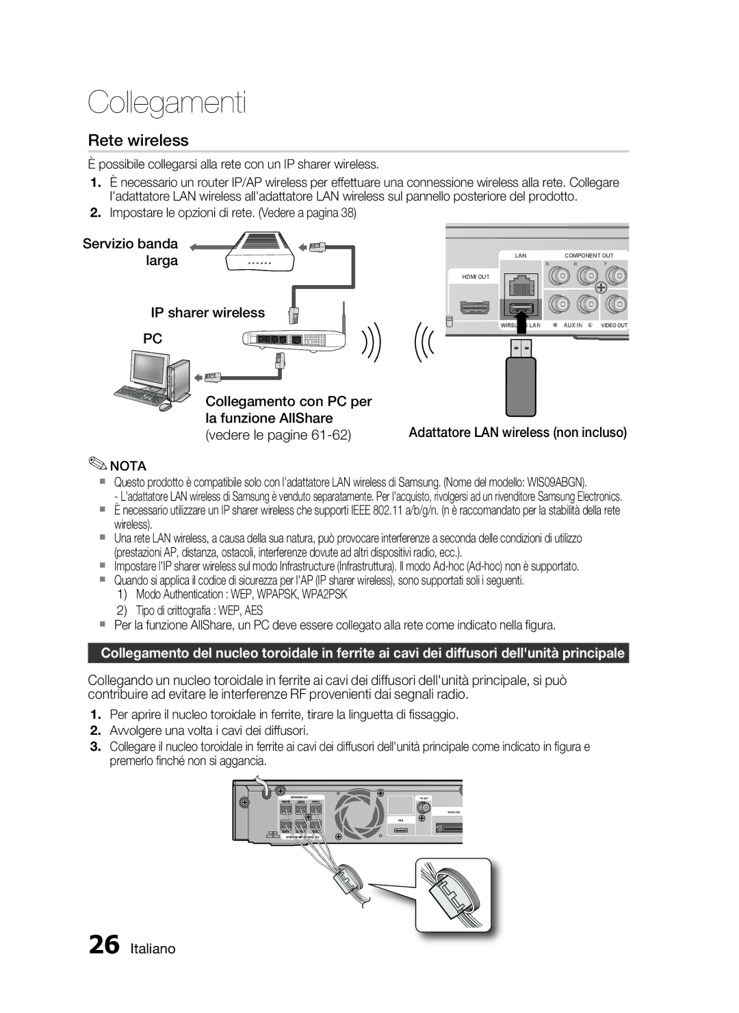 Samsung HT-C5900/XEF manual Adattatore LAN wireless non incluso, Possibile collegarsi alla rete con un IP sharer wireless 