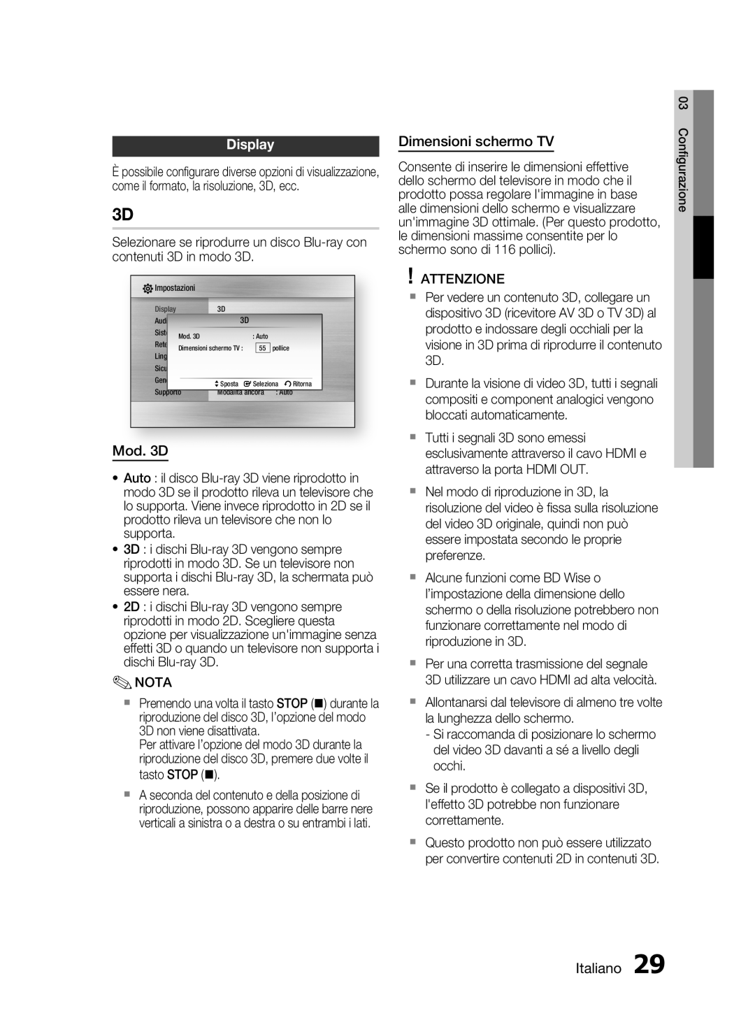 Samsung HT-C5900/XEF manual Display, Mod D, Dimensioni schermo TV 