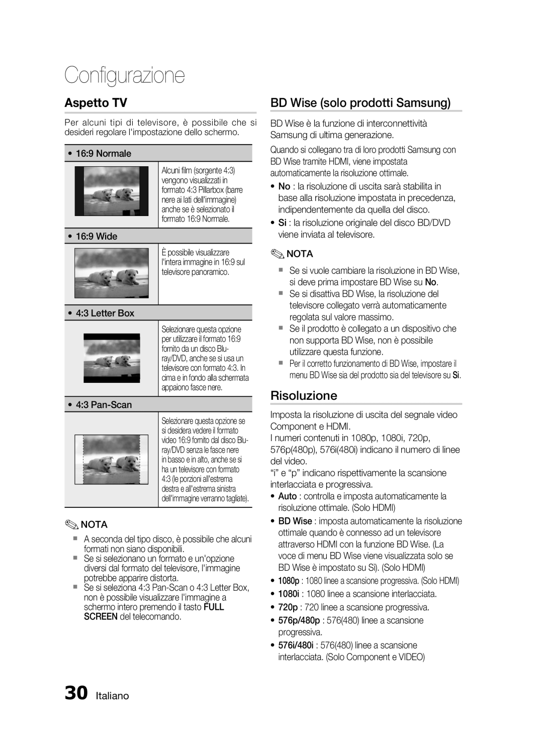 Samsung HT-C5900/XEF manual BD Wise solo prodotti Samsung, Risoluzione, Wide, Letter Box, Pan-Scan 