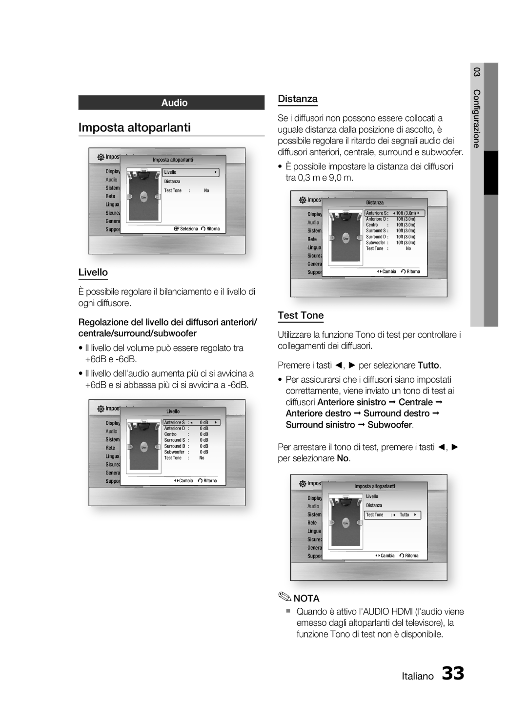 Samsung HT-C5900/XEF manual Imposta altoparlanti, Audio, Livello, Distanza, Test Tone 