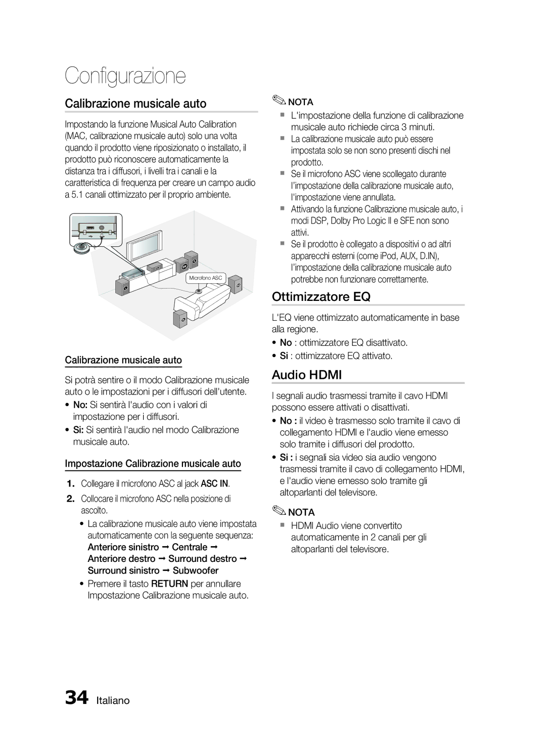 Samsung HT-C5900/XEF manual Ottimizzatore EQ, Audio Hdmi, Impostazione Calibrazione musicale auto 