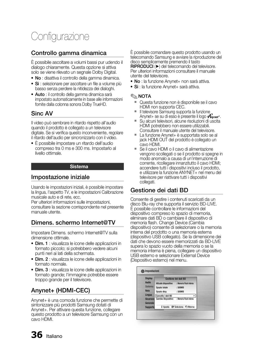 Samsung HT-C5900/XEF manual Controllo gamma dinamica, Sinc AV, Impostazione iniziale, Dimens. schermo Internet@TV 