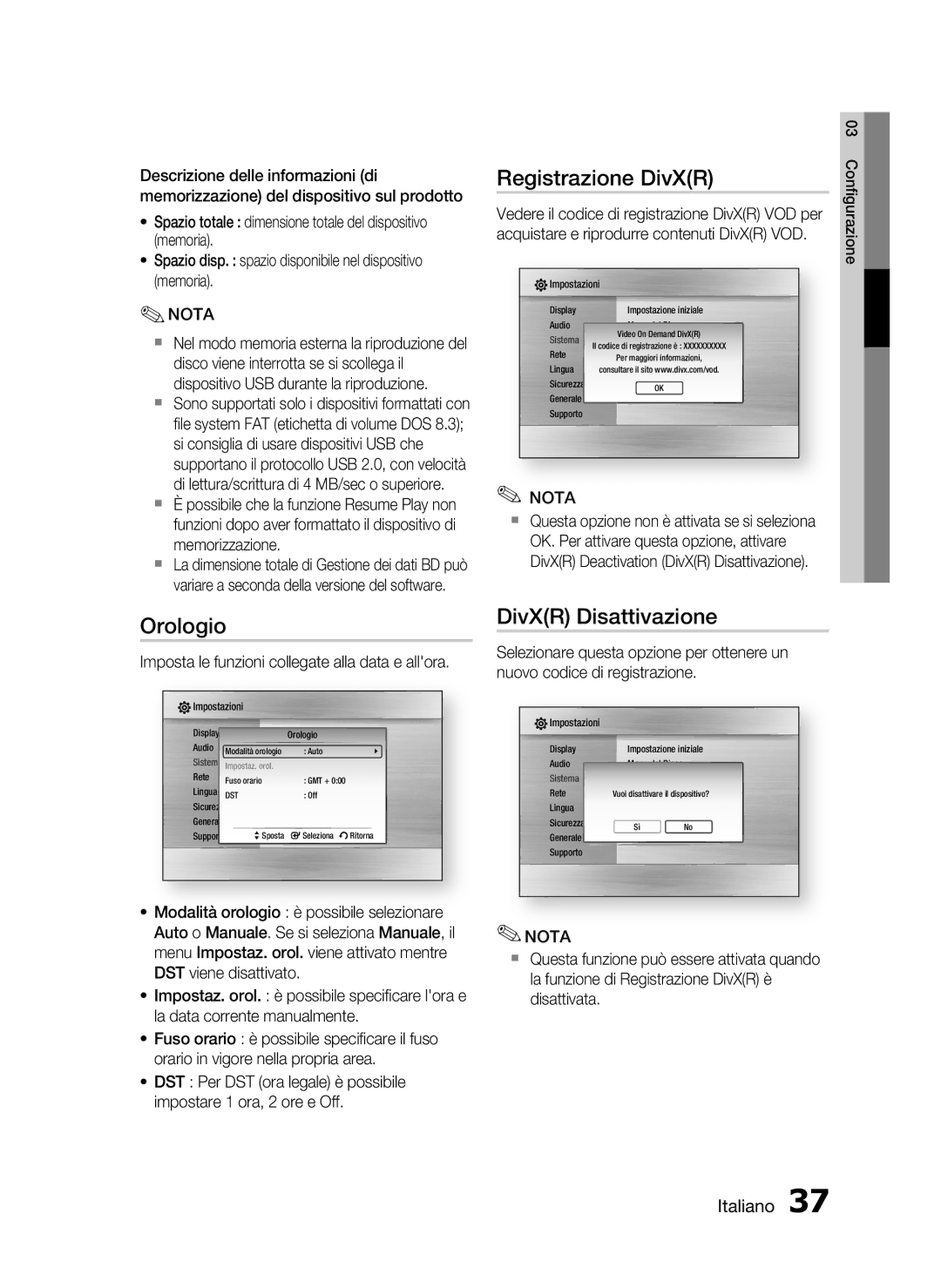 Samsung HT-C5900/XEF Registrazione DivXR, Orologio, DivXR Disattivazione, Imposta le funzioni collegate alla data e allora 