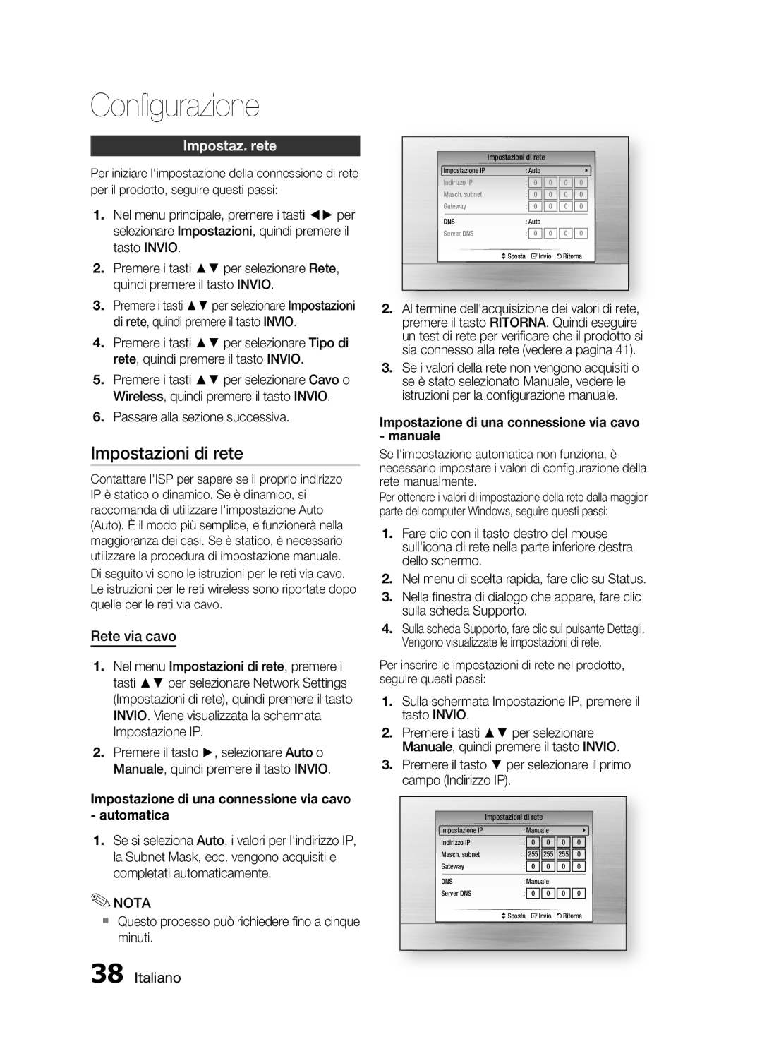 Samsung HT-C5900/XEF manual Impostazioni di rete, Impostaz. rete, Rete via cavo 