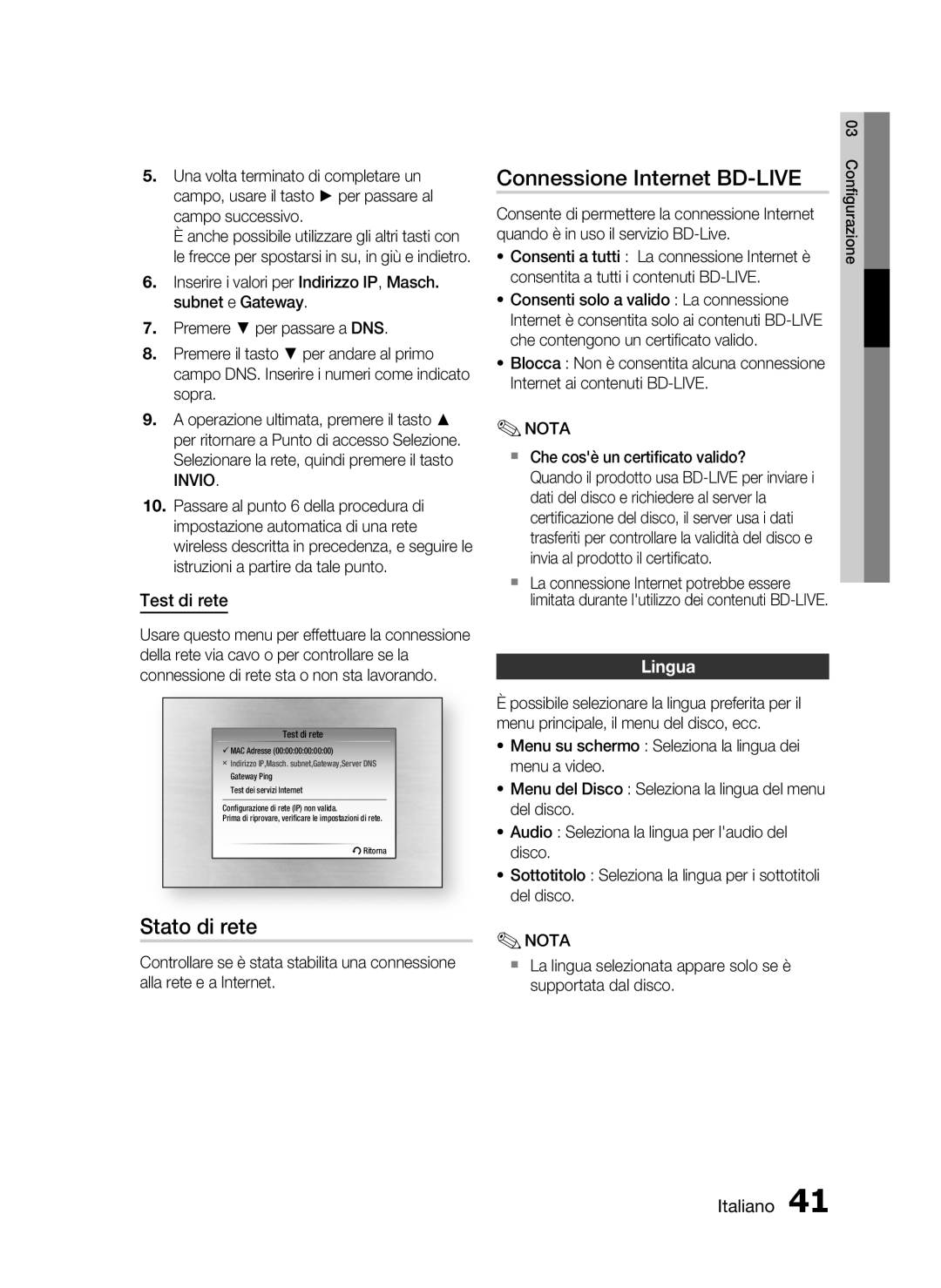 Samsung HT-C5900/XEF manual Stato di rete, Connessione Internet BD-LIVE, Test di rete, Lingua 