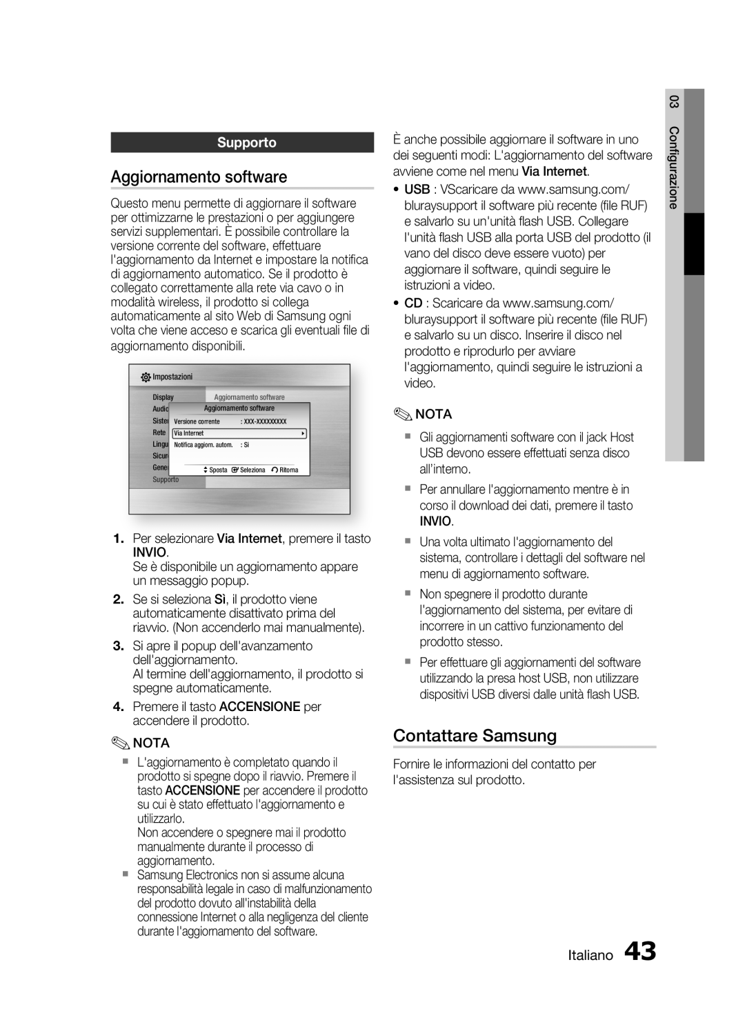 Samsung HT-C5900/XEF manual Aggiornamento software, Contattare Samsung, Supporto 