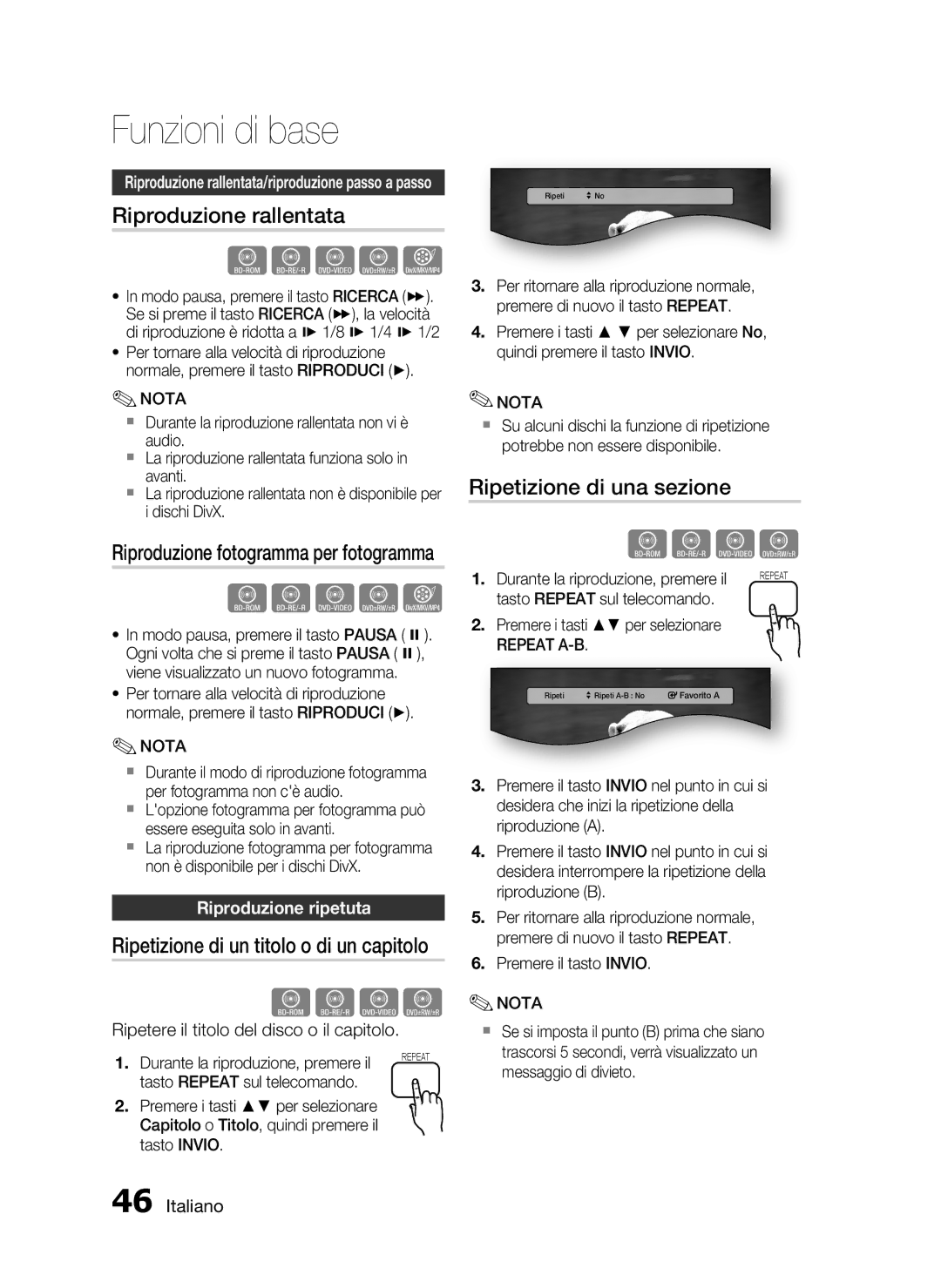 Samsung HT-C5900/XEF manual Riproduzione rallentata, Ripetizione di una sezione, Riproduzione ripetuta, Repeat A-B 