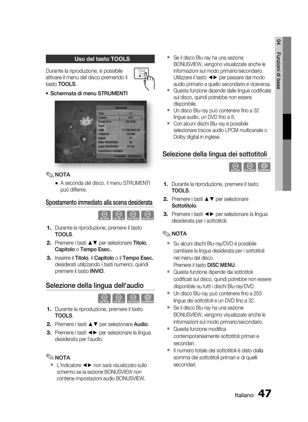 Samsung HT-C5900/XEF manual Selezione della lingua dellaudio, Selezione della lingua dei sottotitoli, Uso del tasto Tools 