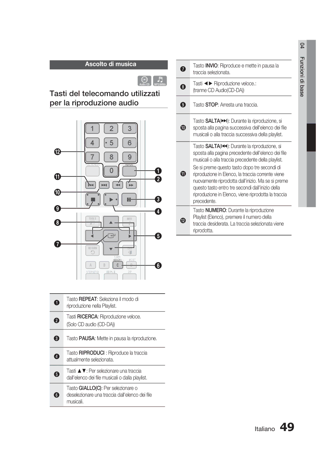 Samsung HT-C5900/XEF manual Tasti del telecomando utilizzati per la riproduzione audio, Ascolto di musica 